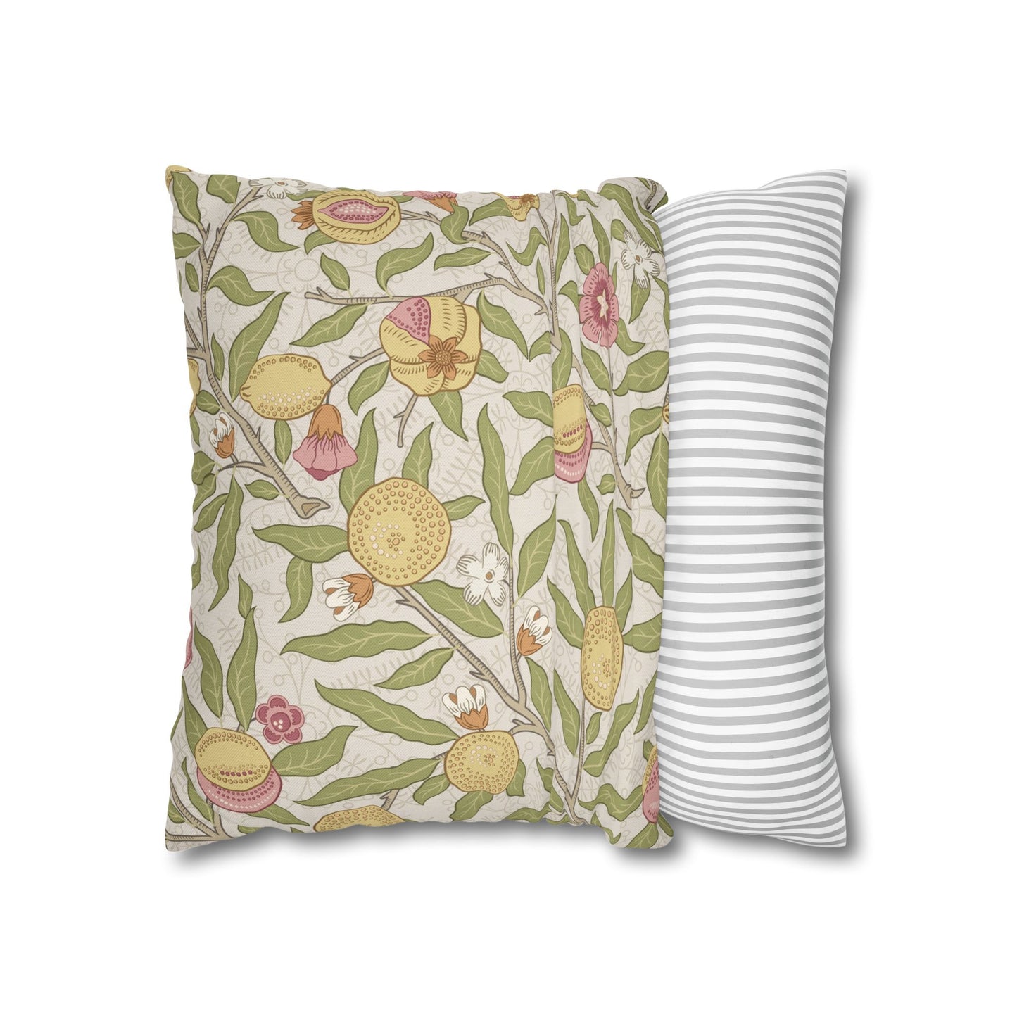Two pillows, one with floral pattern and one with striped pattern, on a white background.