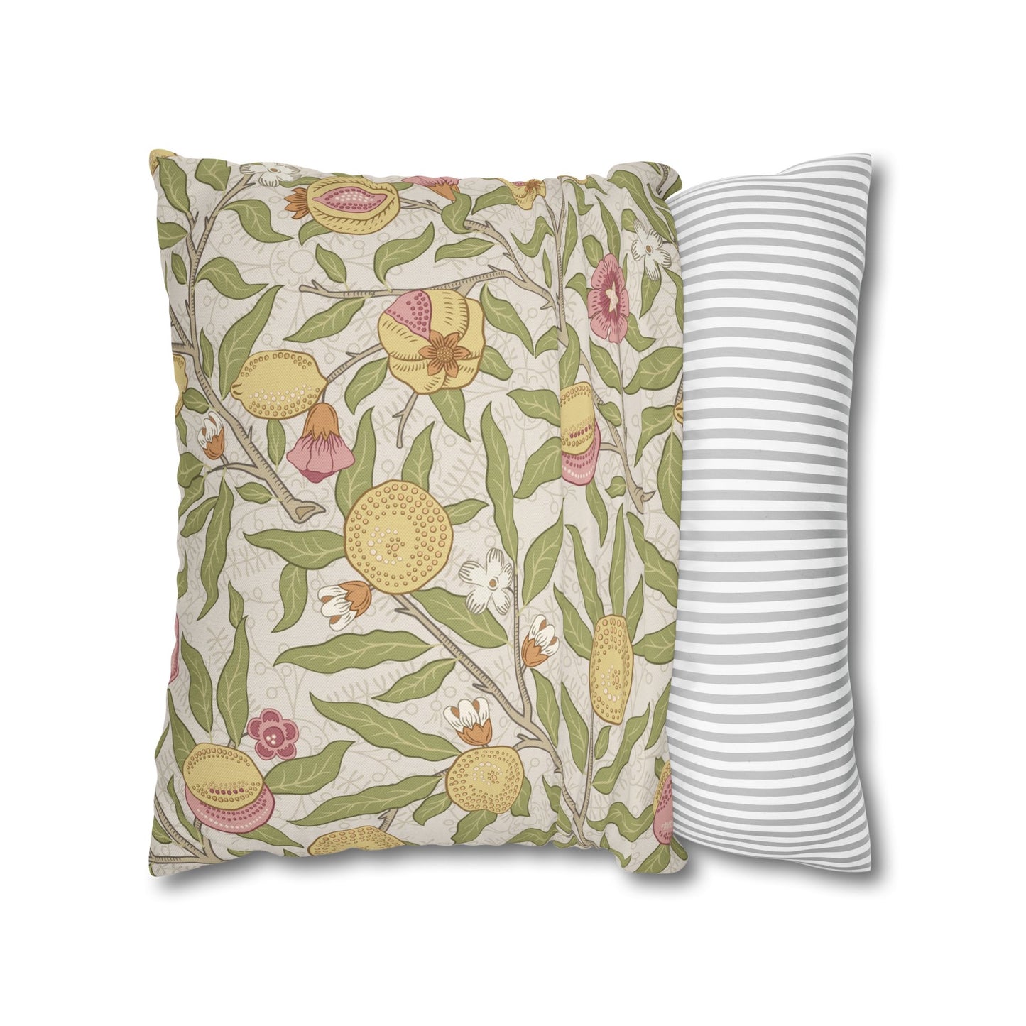 Two pillows, one with floral pattern and one with striped pattern, on a white background.