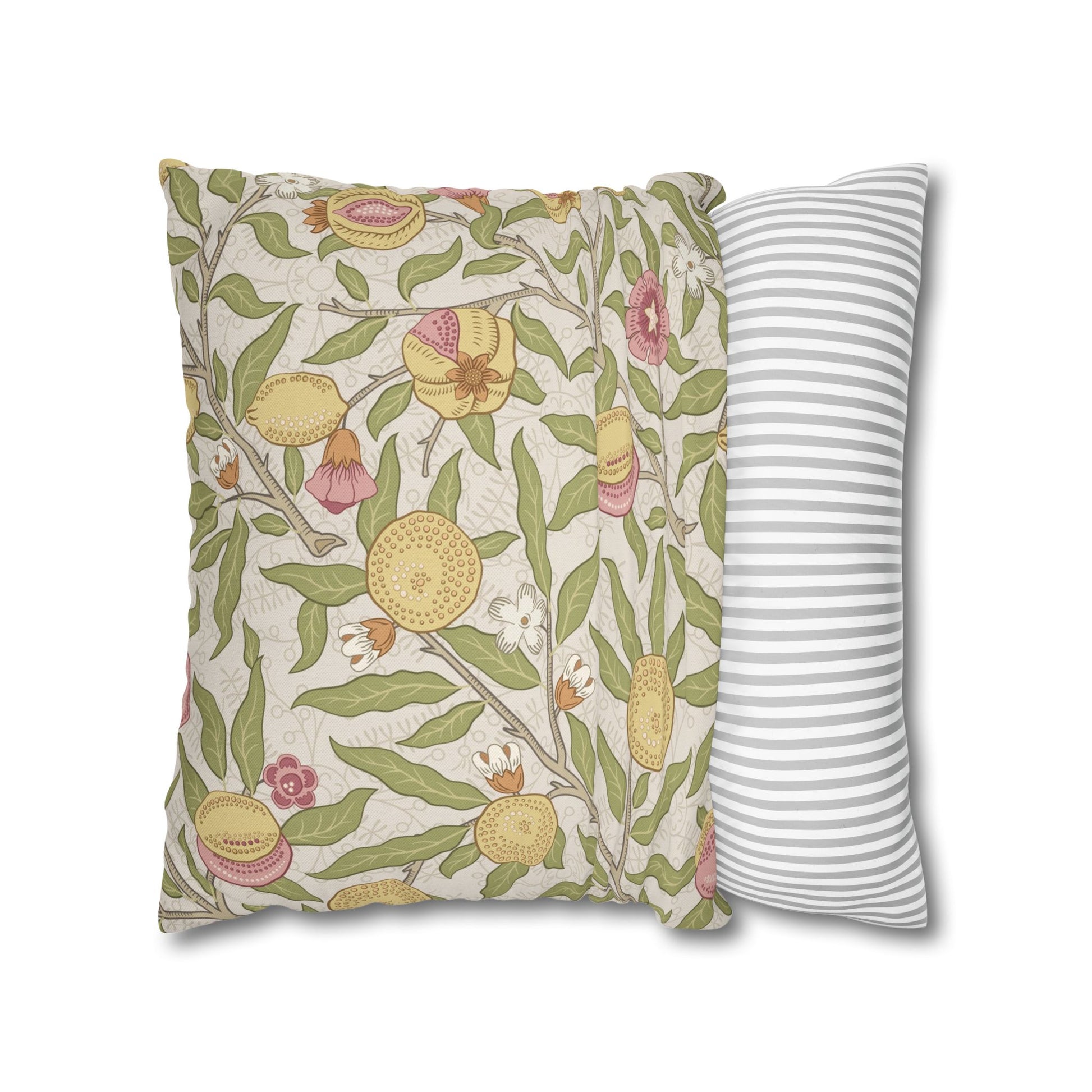 Two pillows, one with floral pattern and one with striped pattern, on a white background.