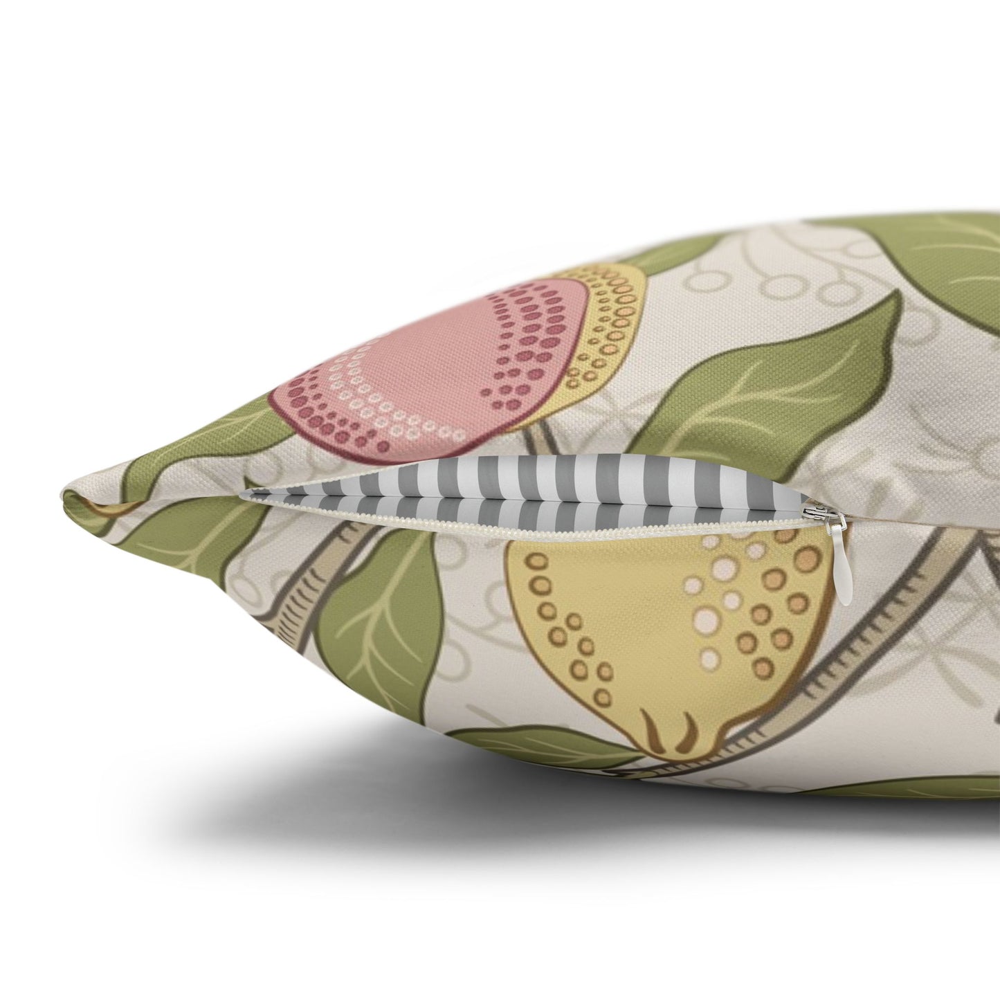 Fabric pouch with colorful fruit pattern on a white background