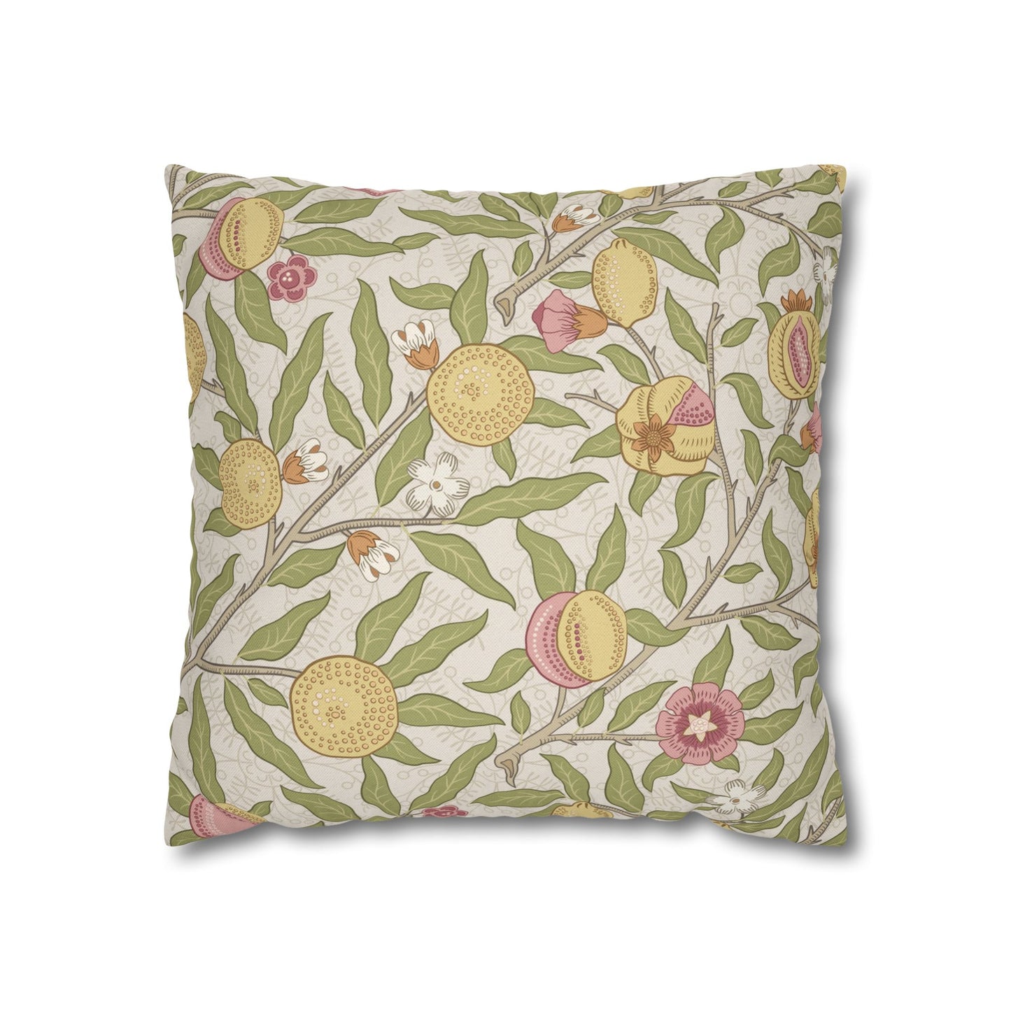 Decorative pillow with floral and fruit pattern on a white background