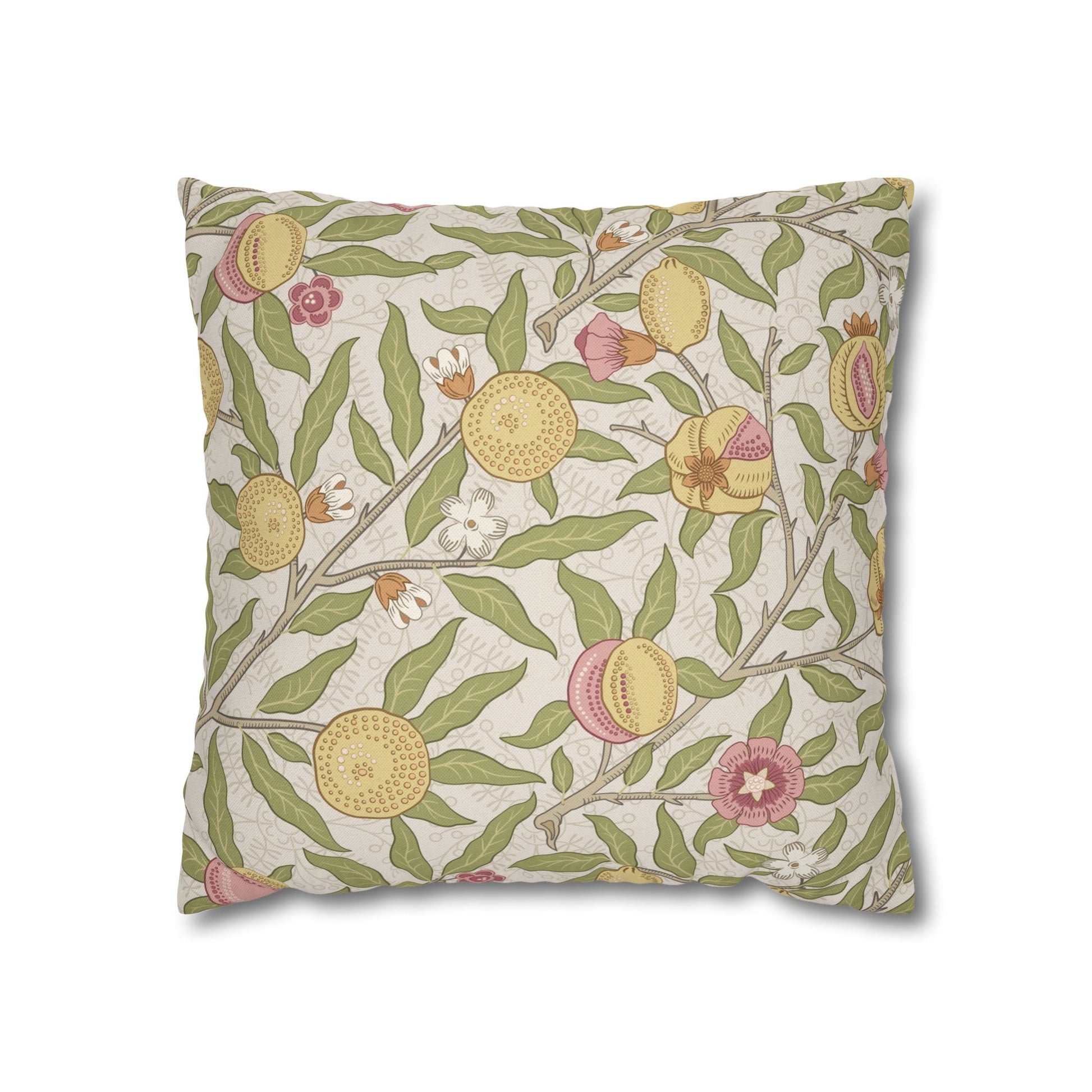 Decorative pillow with floral and fruit pattern on a white background