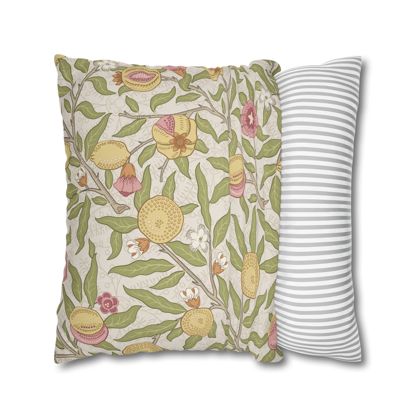 Two pillows, one with floral pattern and one with stripes, on a white background