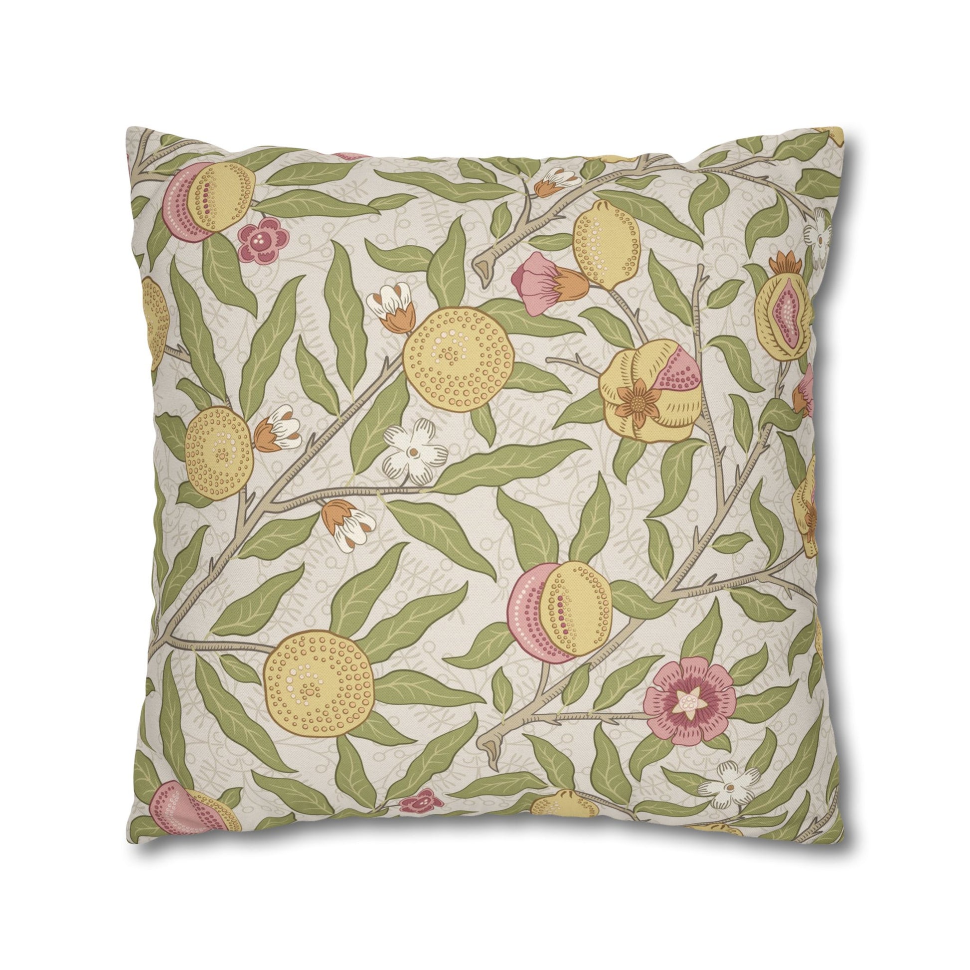 Decorative pillow with floral and fruit pattern on a beige background