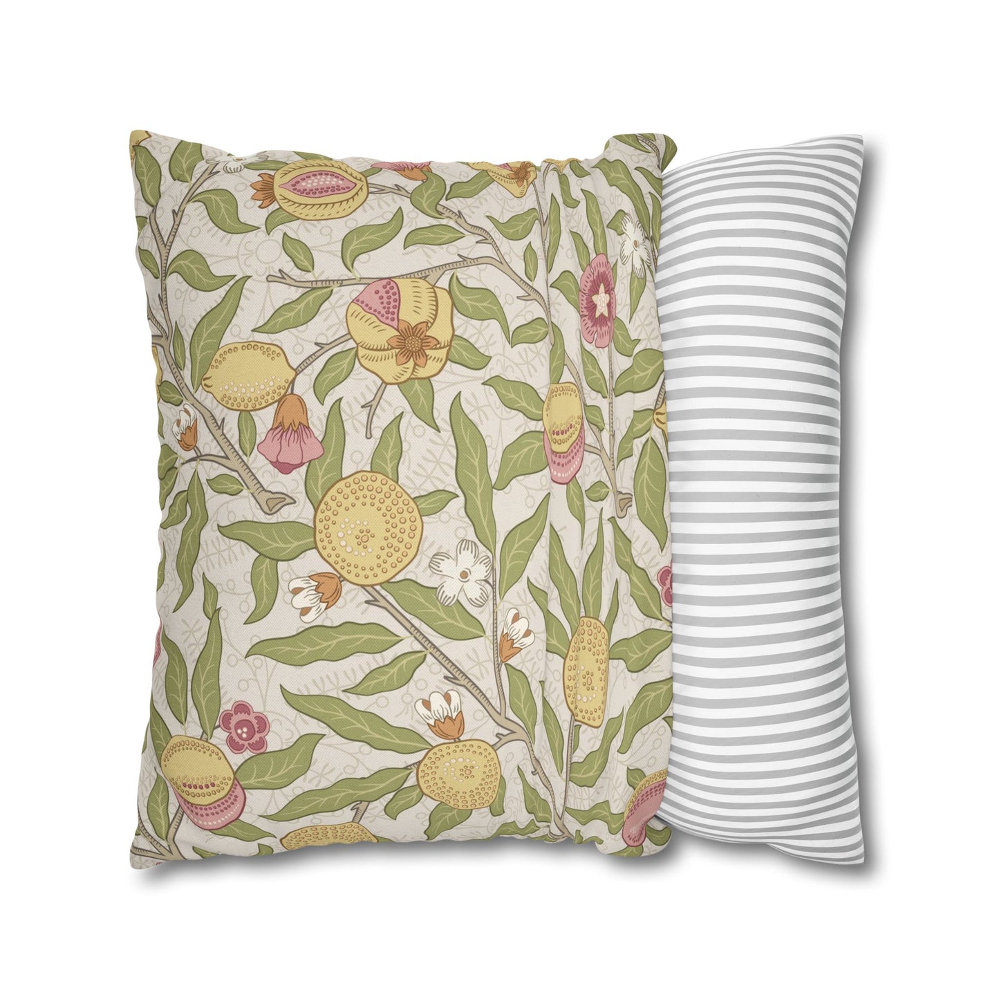 Two pillows, one with floral pattern and one with stripes, on a white background