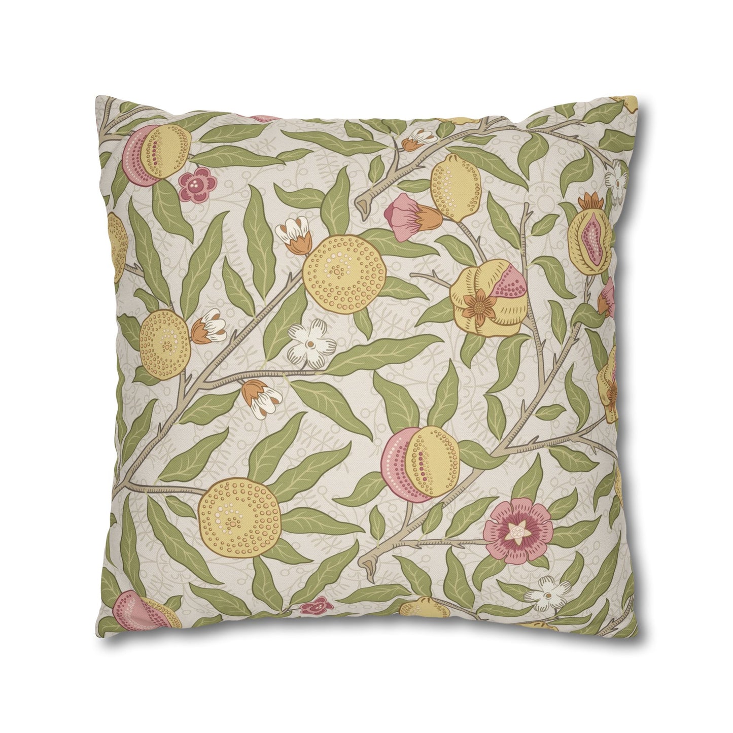 Decorative pillow with floral and fruit pattern on a beige background