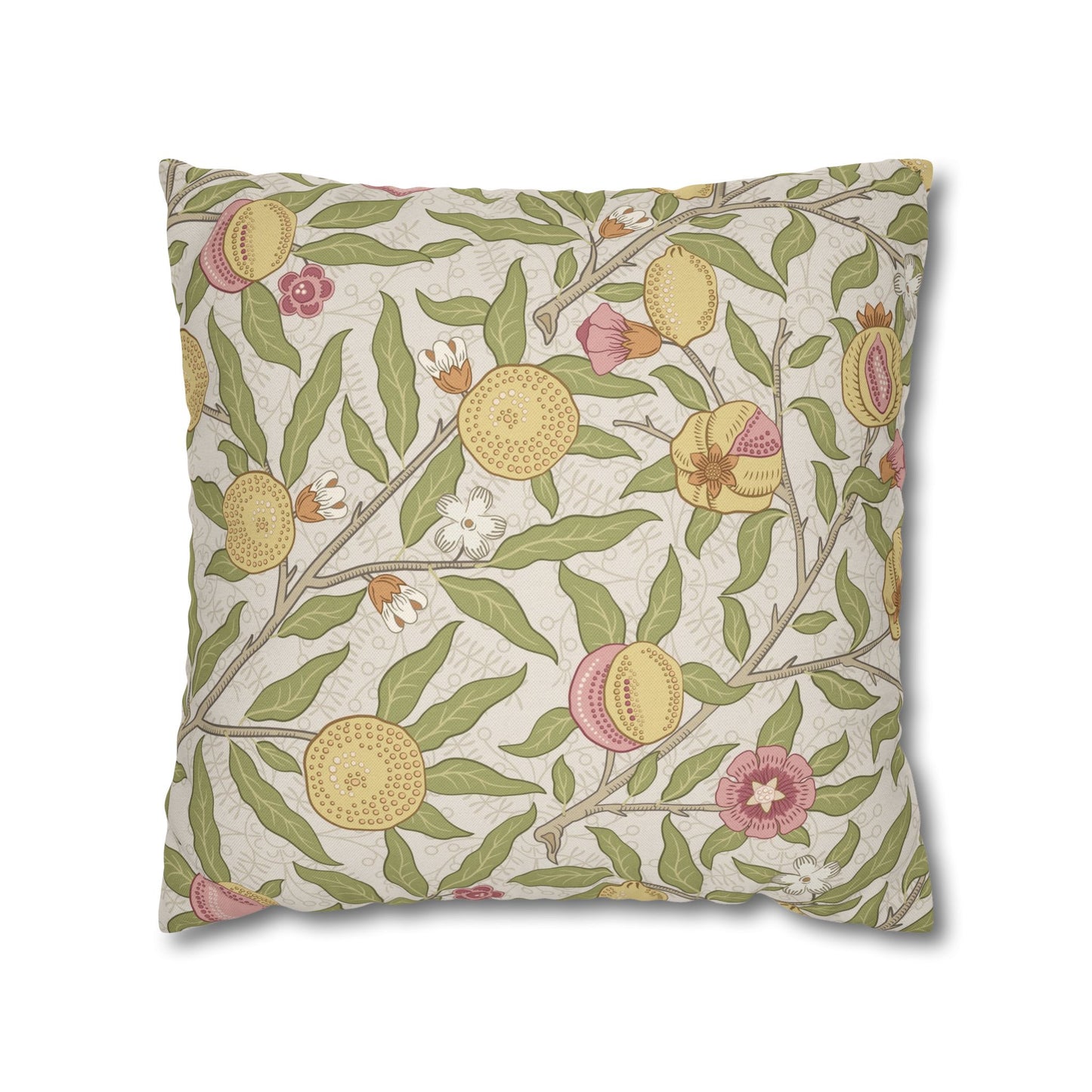 Decorative pillow with floral and fruit pattern on a beige background