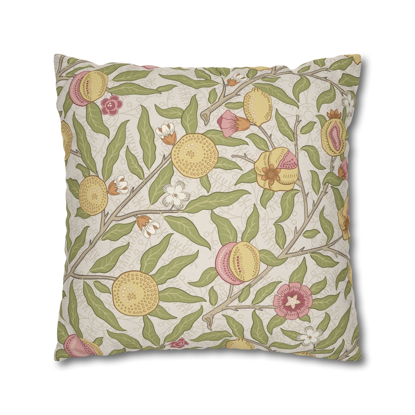 Decorative pillow with floral and fruit pattern on a beige background