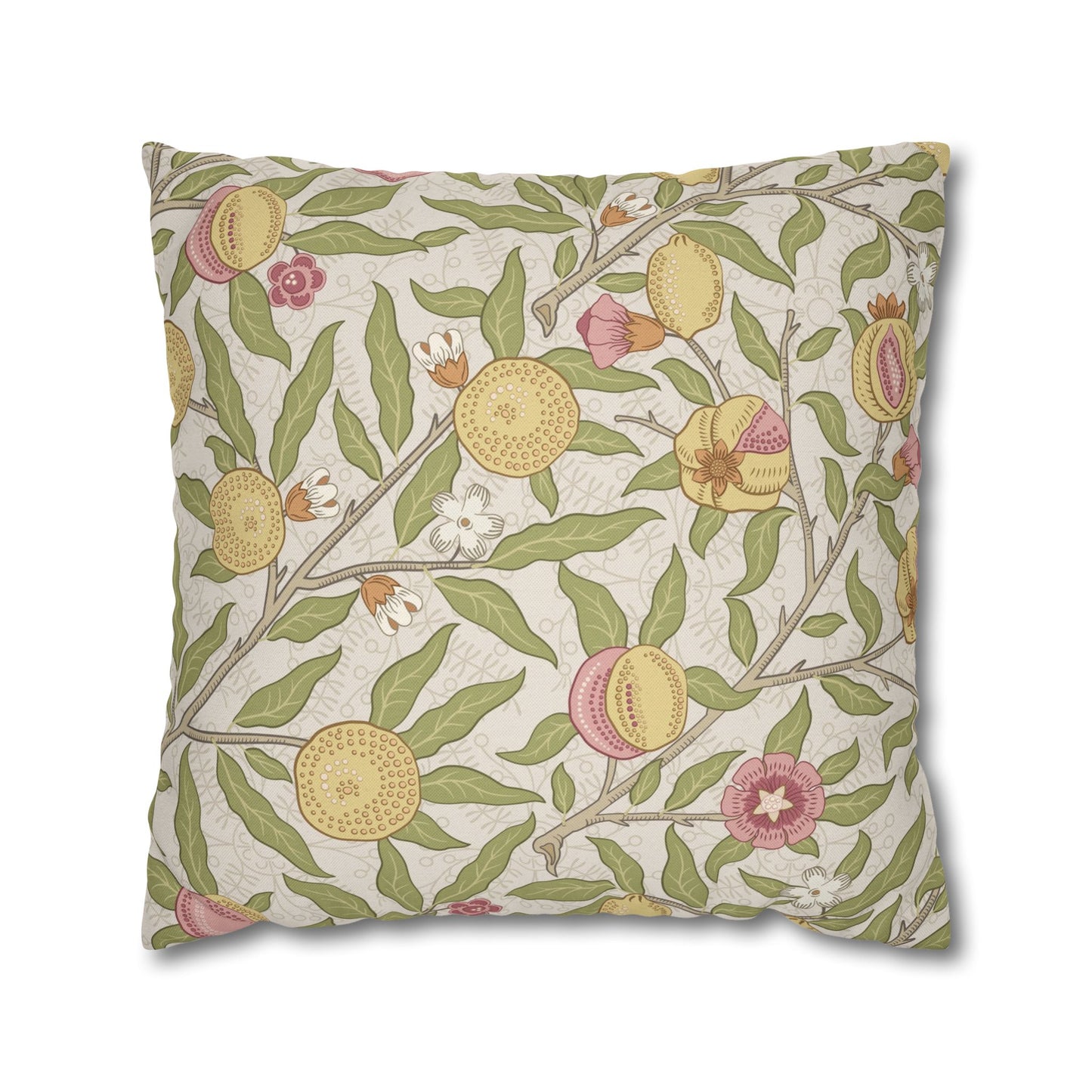 Decorative pillow with floral and fruit pattern on a beige background