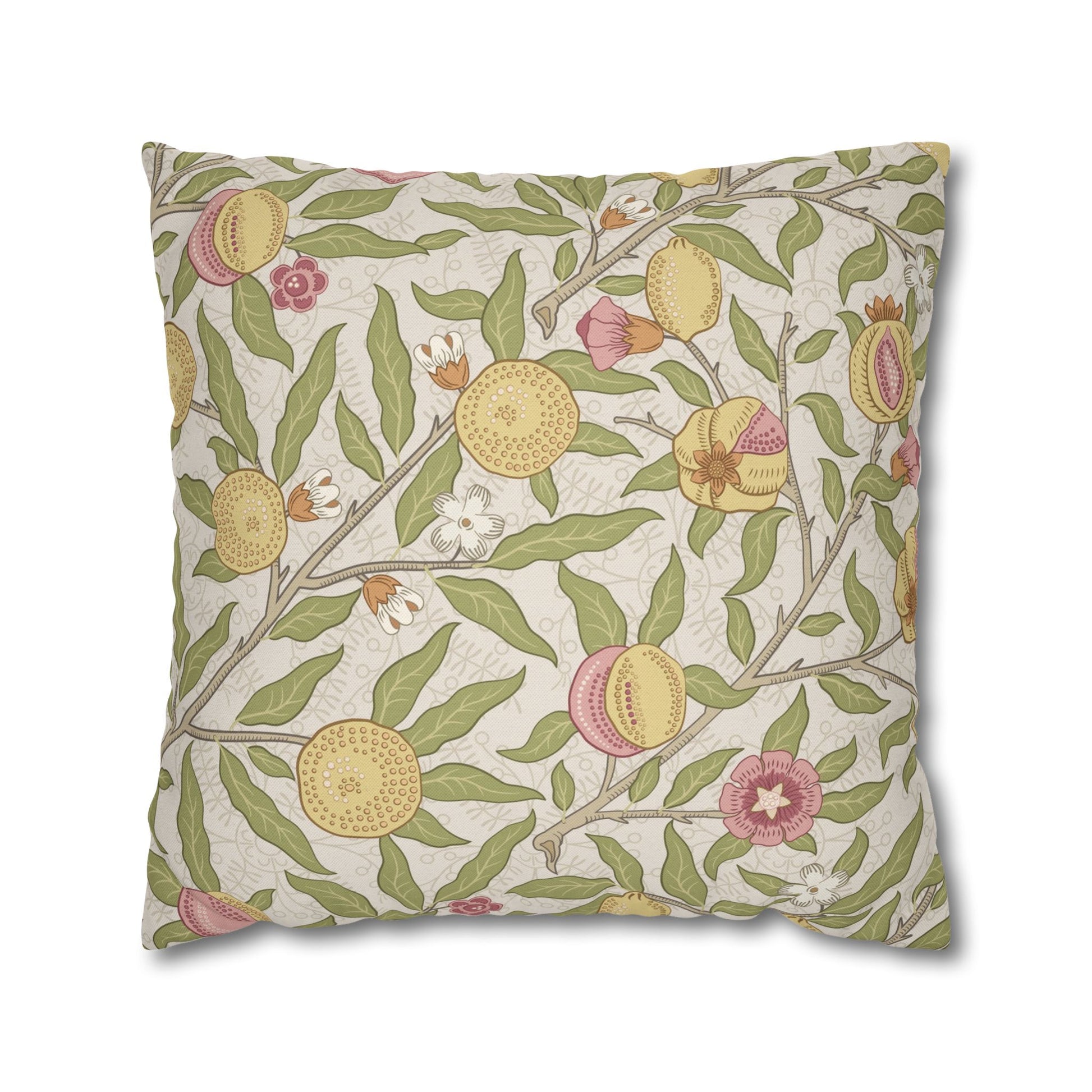 Decorative pillow with floral and fruit pattern on a beige background
