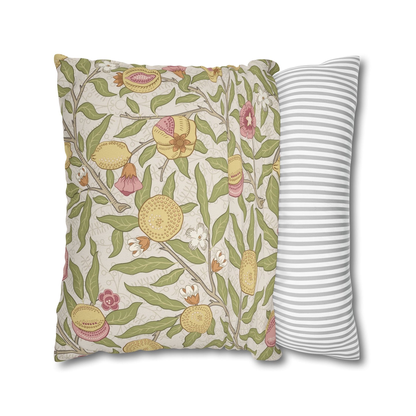 Two pillows, one with floral pattern and one with stripes, on a white background