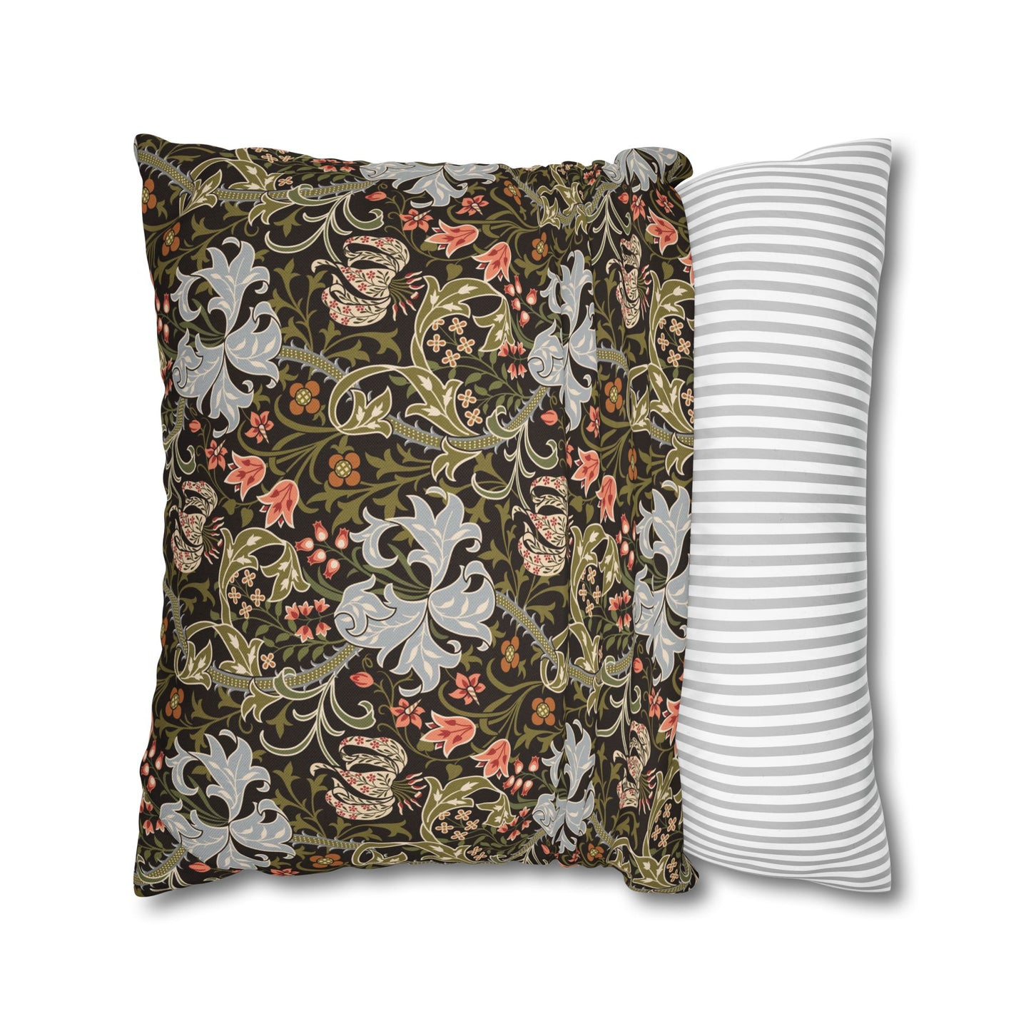 Two pillows, one with floral pattern and one with stripes, on a white background