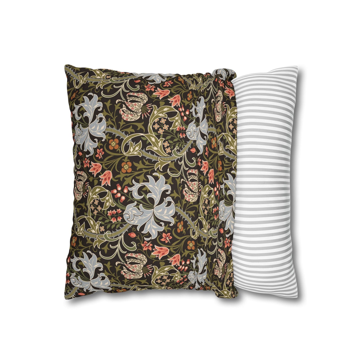 Two pillows, one with a floral pattern and the other with a striped pattern, on a white background.