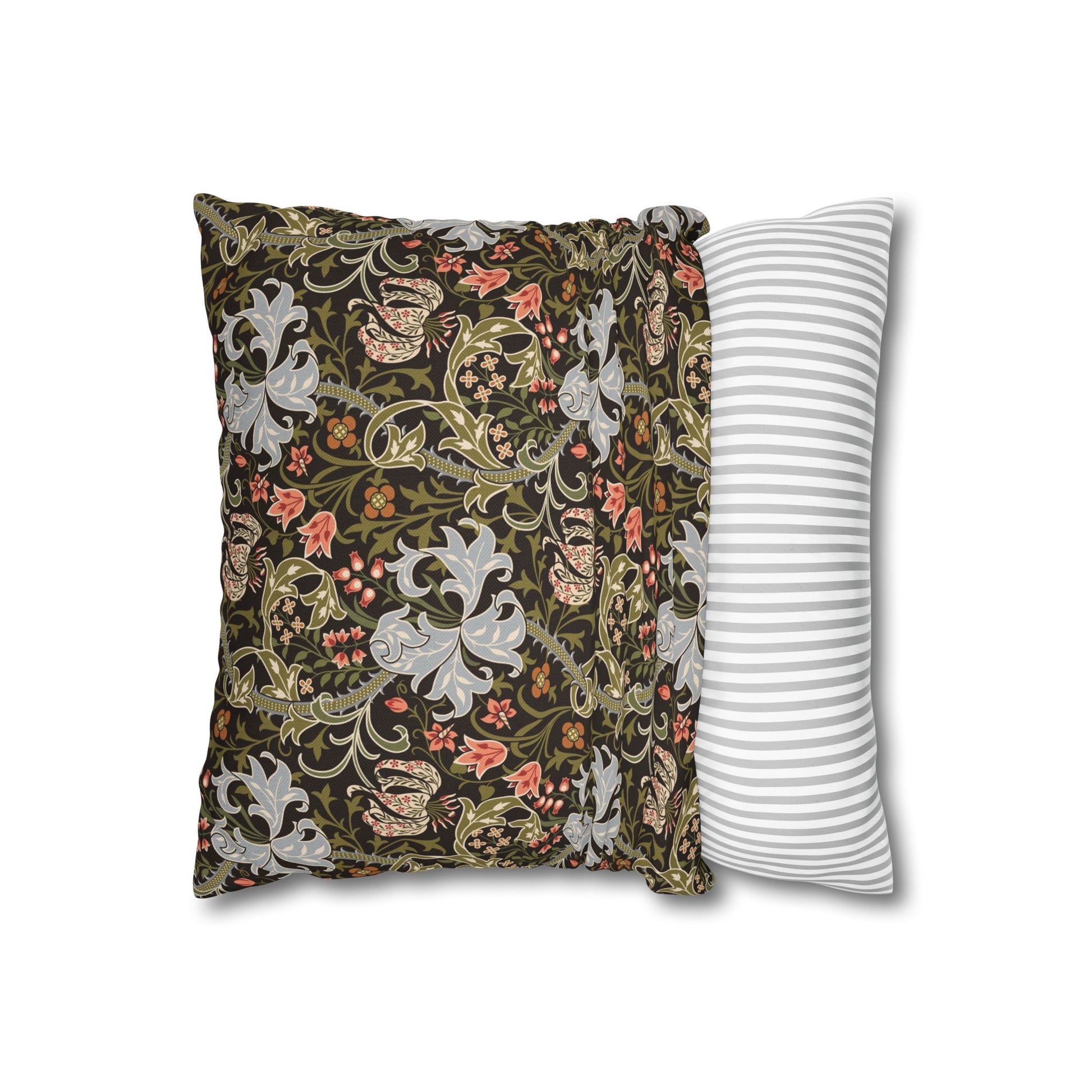 Two pillows, one with a floral pattern and the other with a striped pattern, on a white background.