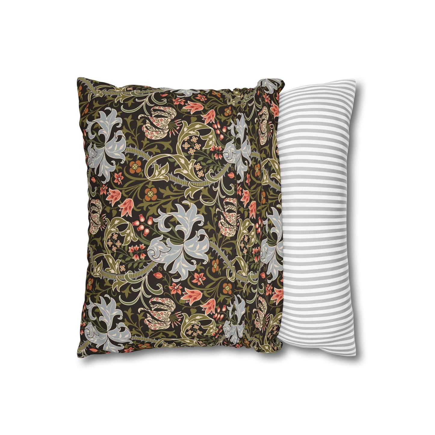 Two pillows, one with floral pattern and one with stripes, on a white background