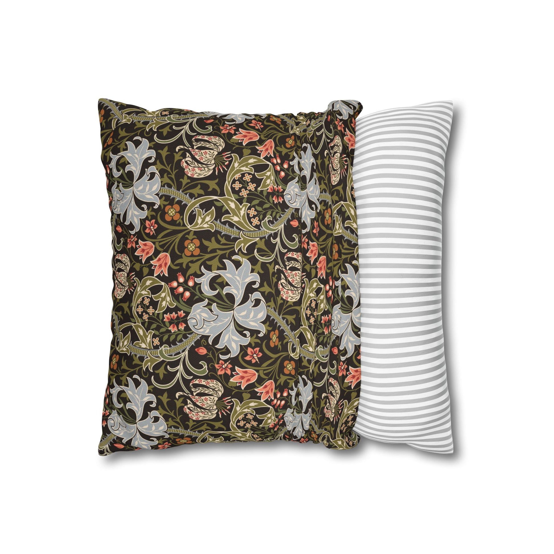 Two pillows, one with floral pattern and one with stripes, on a white background