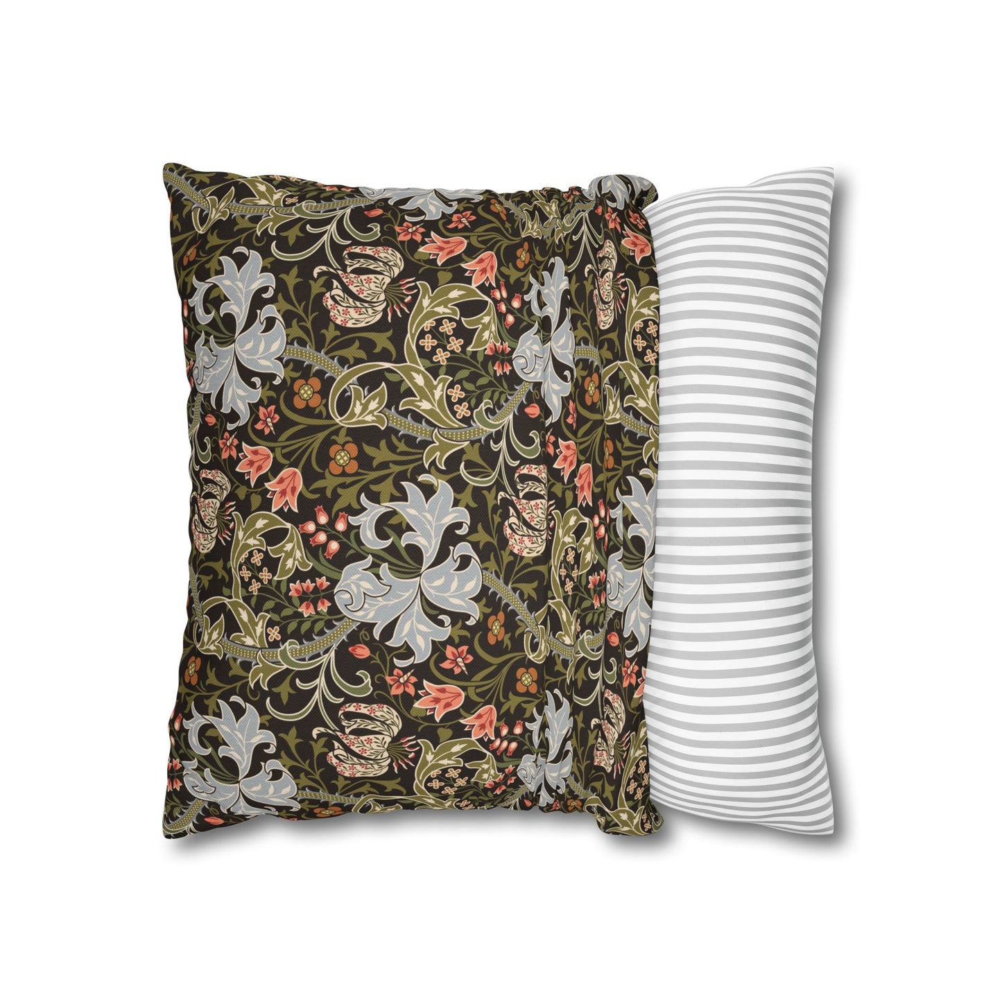 Two pillows, one with floral pattern and one with stripes, on a white background