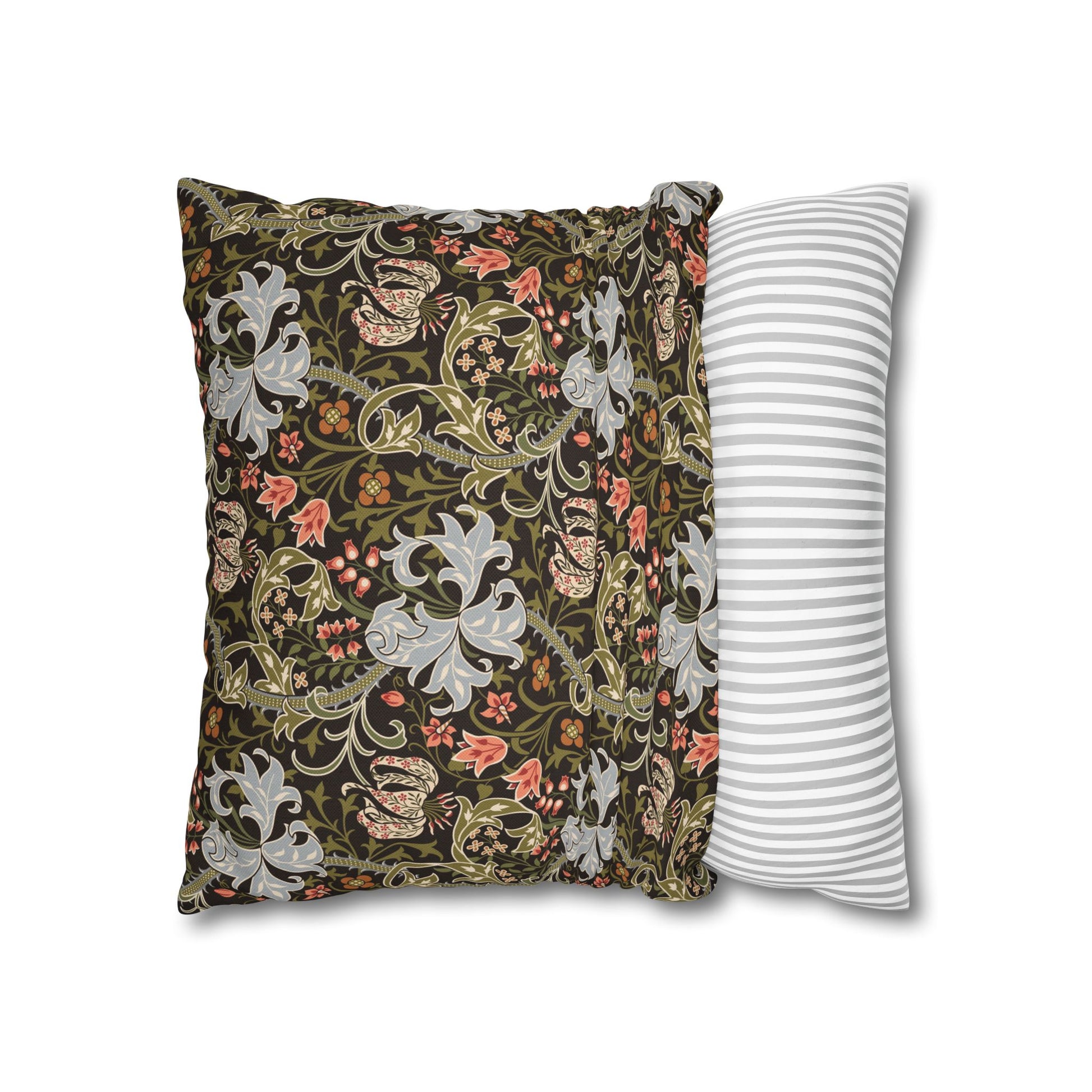Two pillows, one with floral pattern and the other with stripes, on a white background.