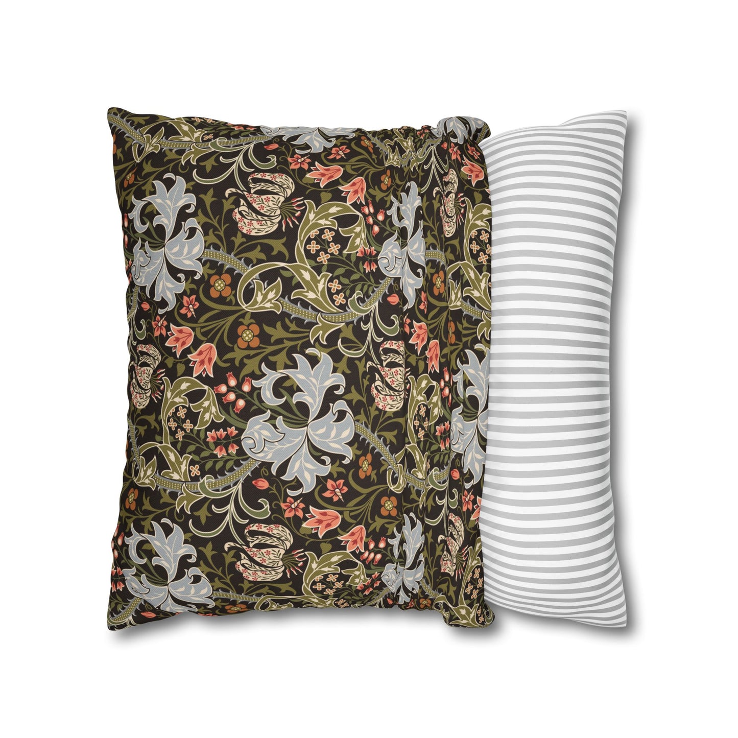 Two pillows, one with floral pattern and the other with stripes, on a white background.