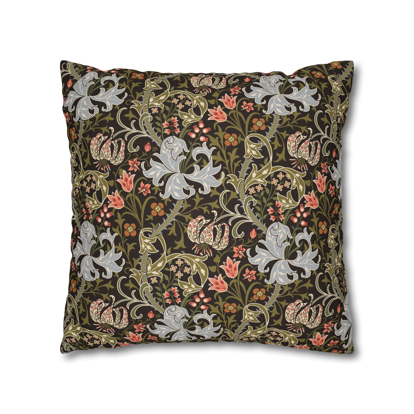 Decorative pillow with floral and animal pattern on a white background