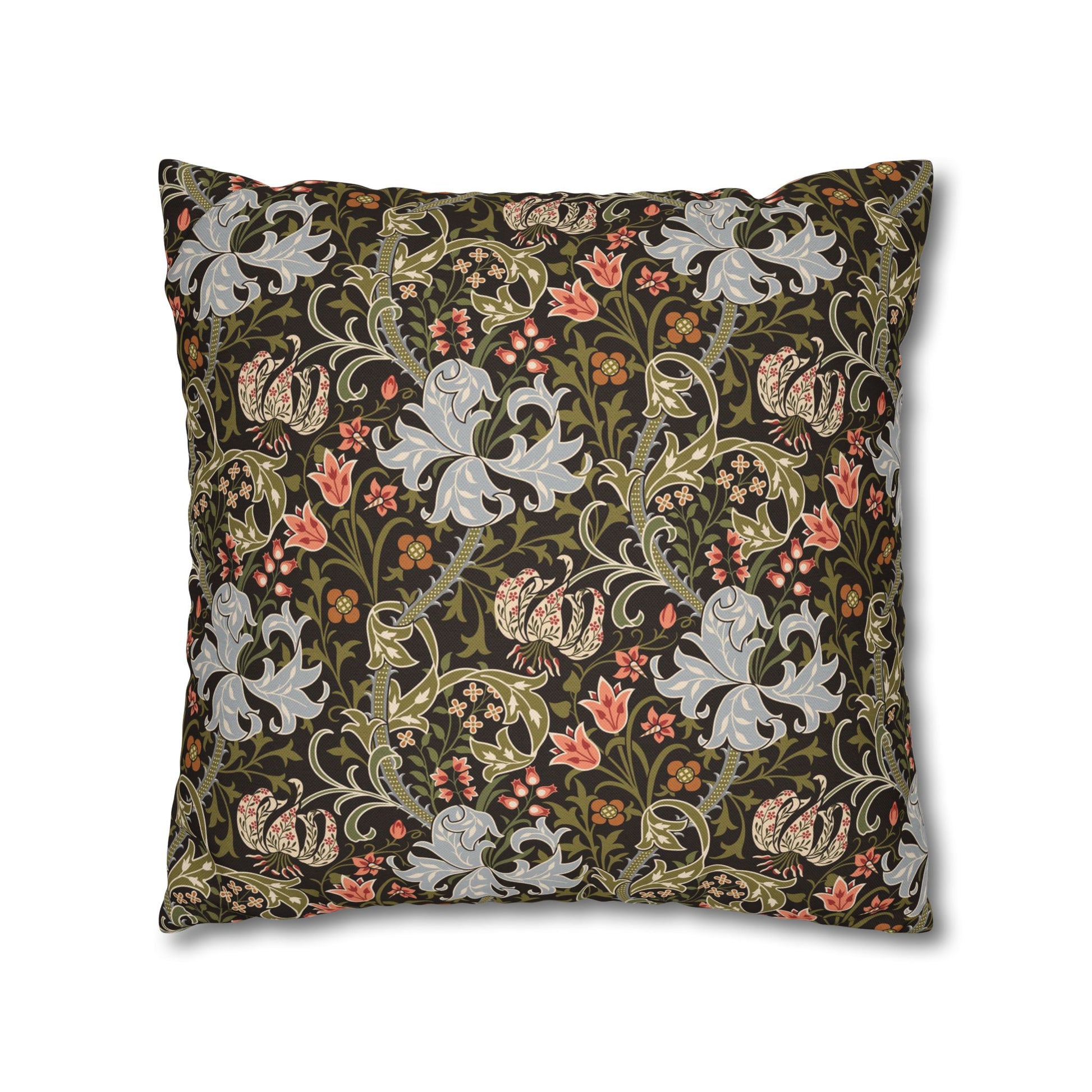 Decorative pillow with floral and animal pattern on a white background