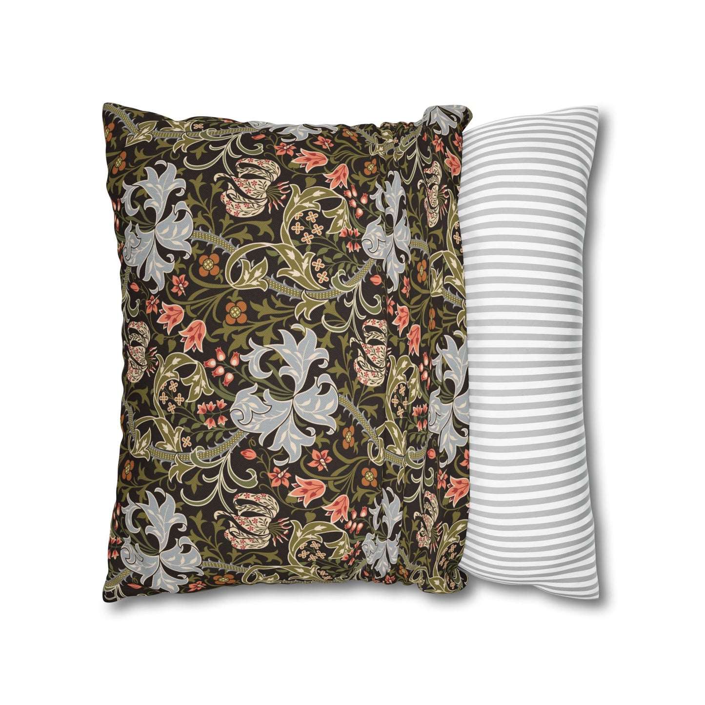 Two pillows, one with floral pattern and the other with stripes, on a white background.