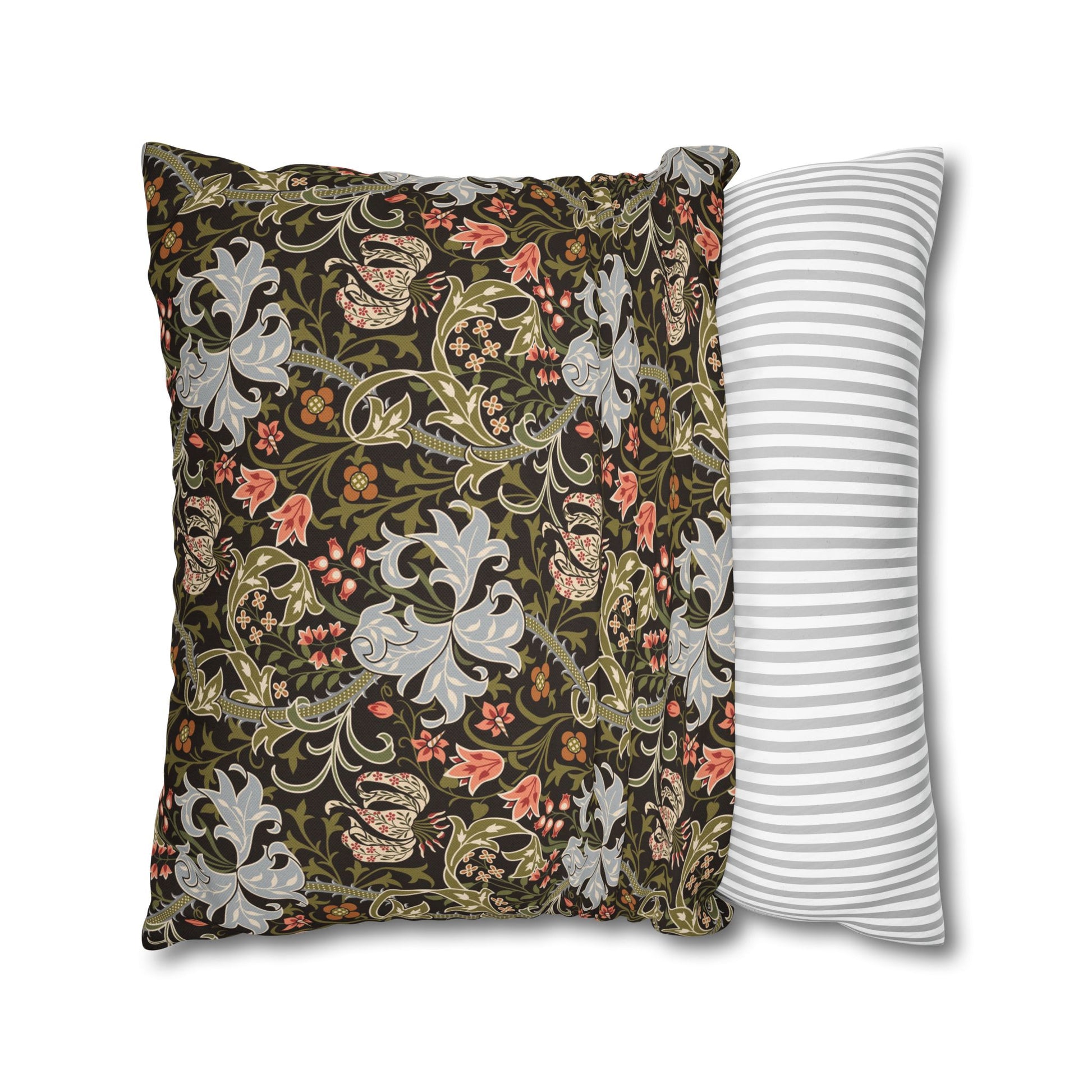 Two pillows, one with a floral pattern and the other with a striped pattern, on a white background.
