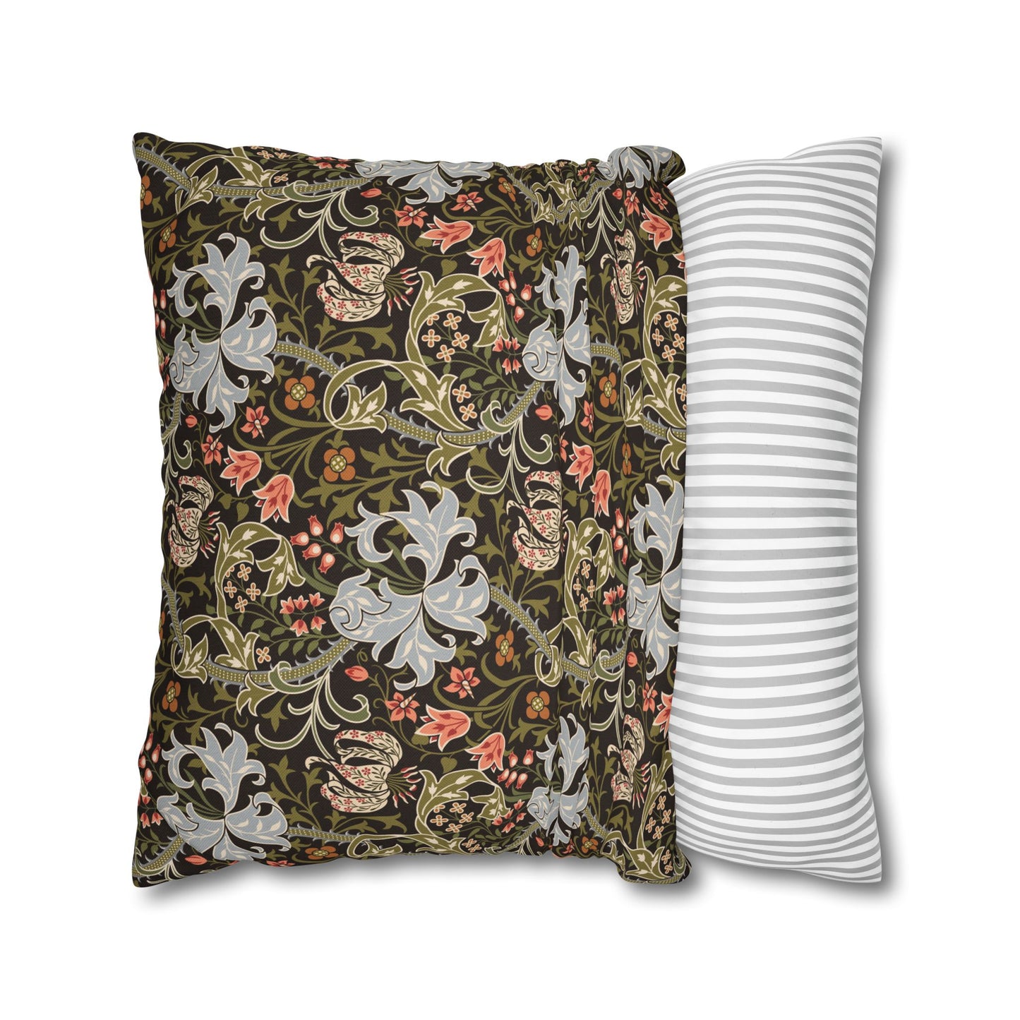 Two pillows, one with floral pattern and one with stripes, on a white background