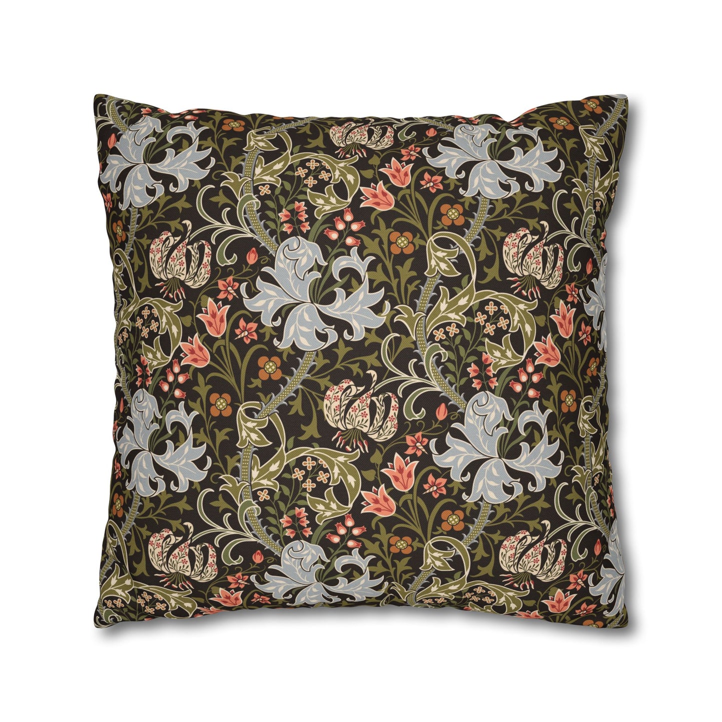 Decorative pillow with floral and animal pattern on a white background