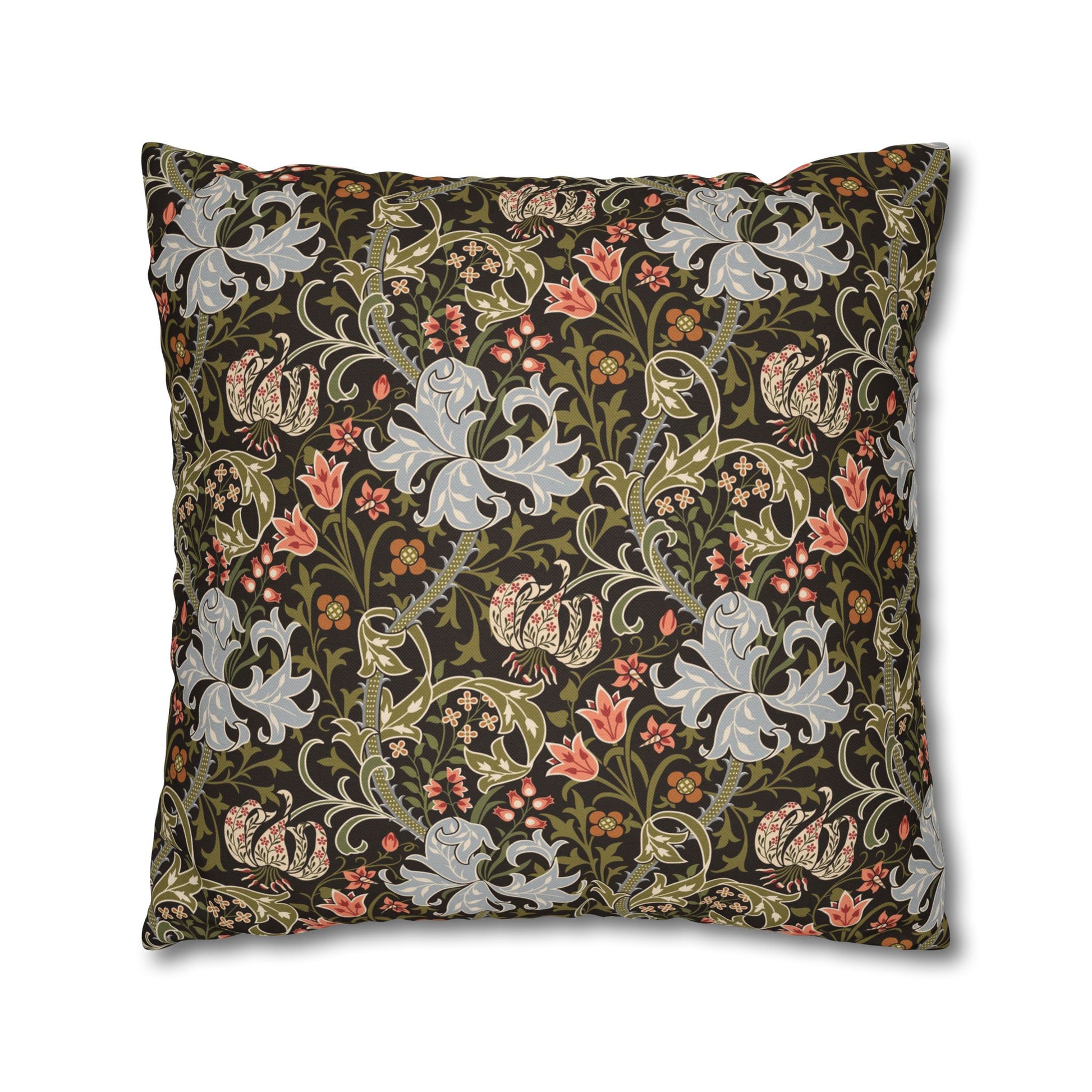 Decorative pillow with floral and animal pattern on a white background