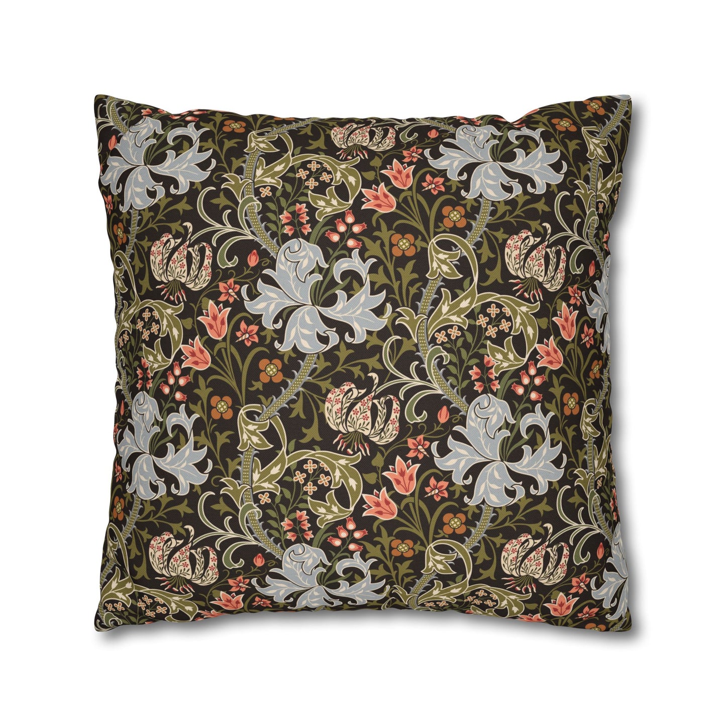 Decorative pillow with floral and animal pattern on a white background