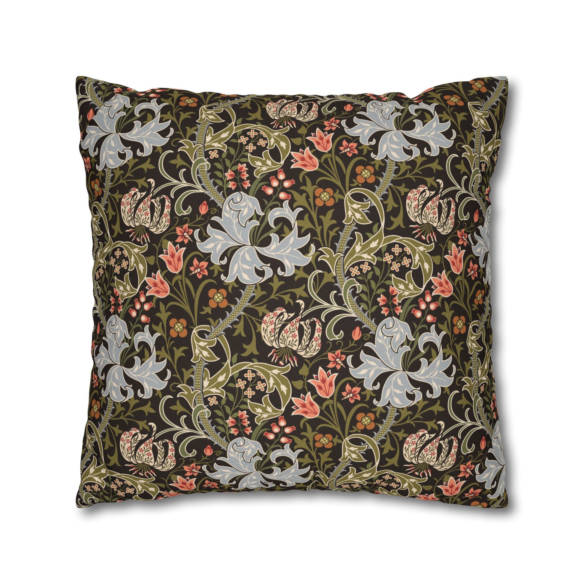 Decorative pillow with floral and animal pattern on a white background