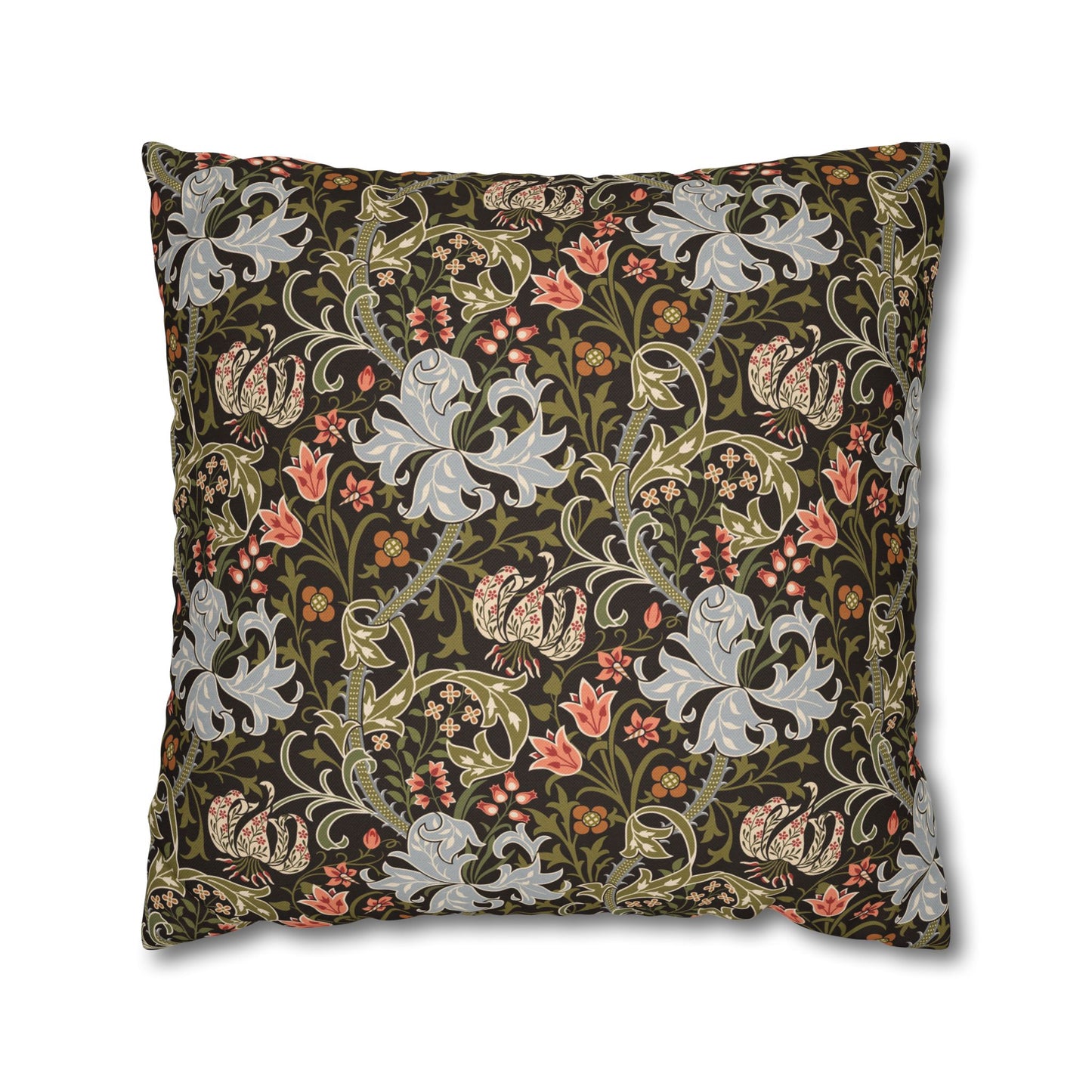 Decorative pillow with floral and bird pattern on a white background