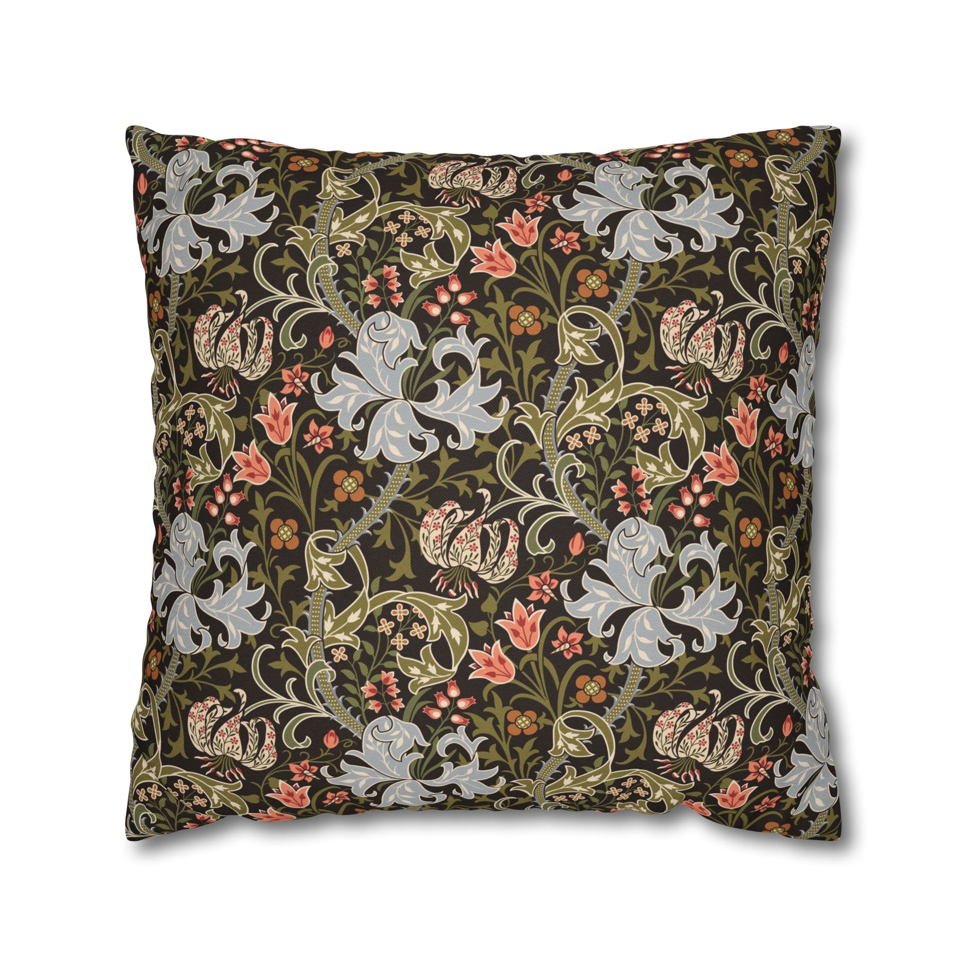 Decorative pillow with intricate floral and animal pattern on a dark background