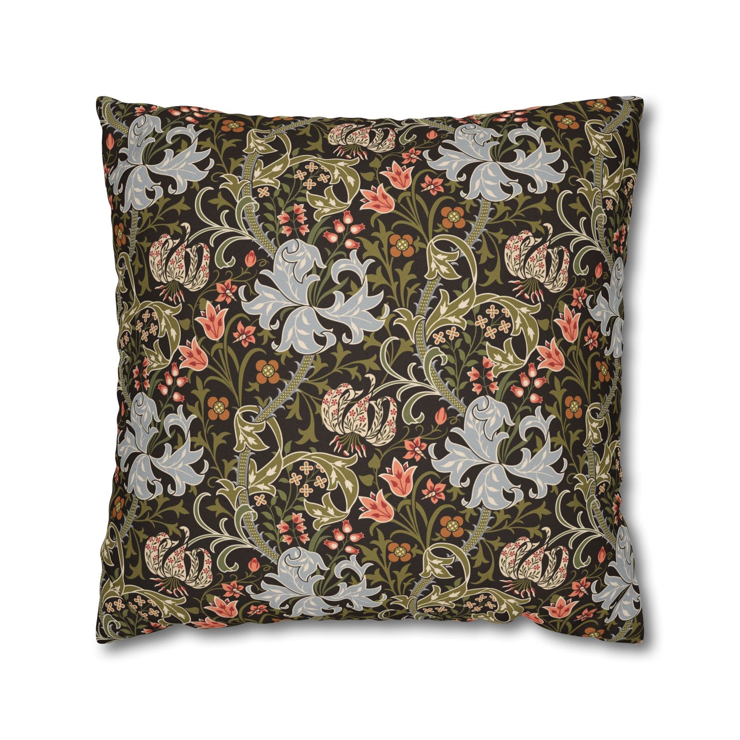 Decorative pillow with intricate floral and animal pattern on a dark background