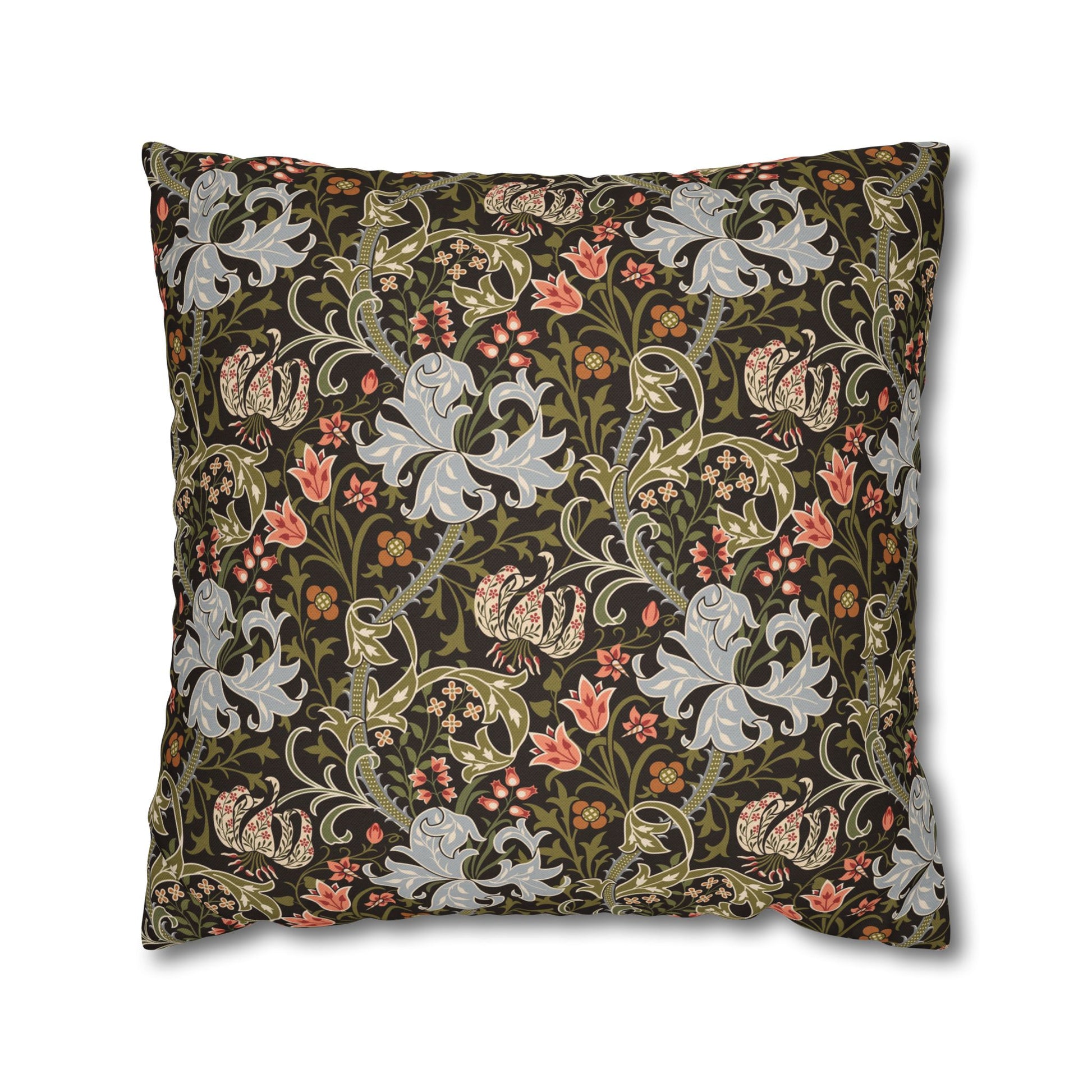Decorative pillow with intricate floral and animal pattern on a dark background