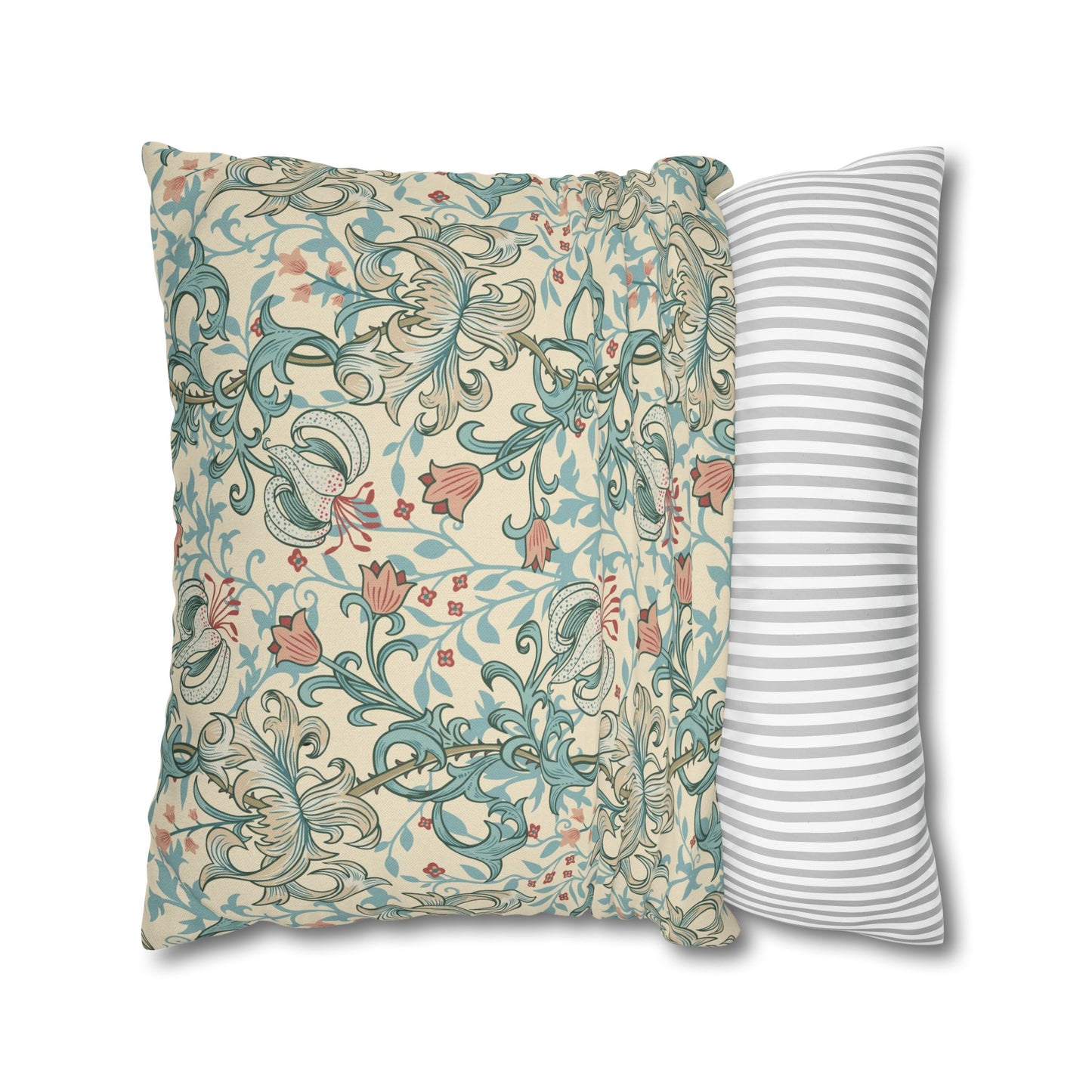 Two pillows, one with floral pattern and one with stripes, on a white background