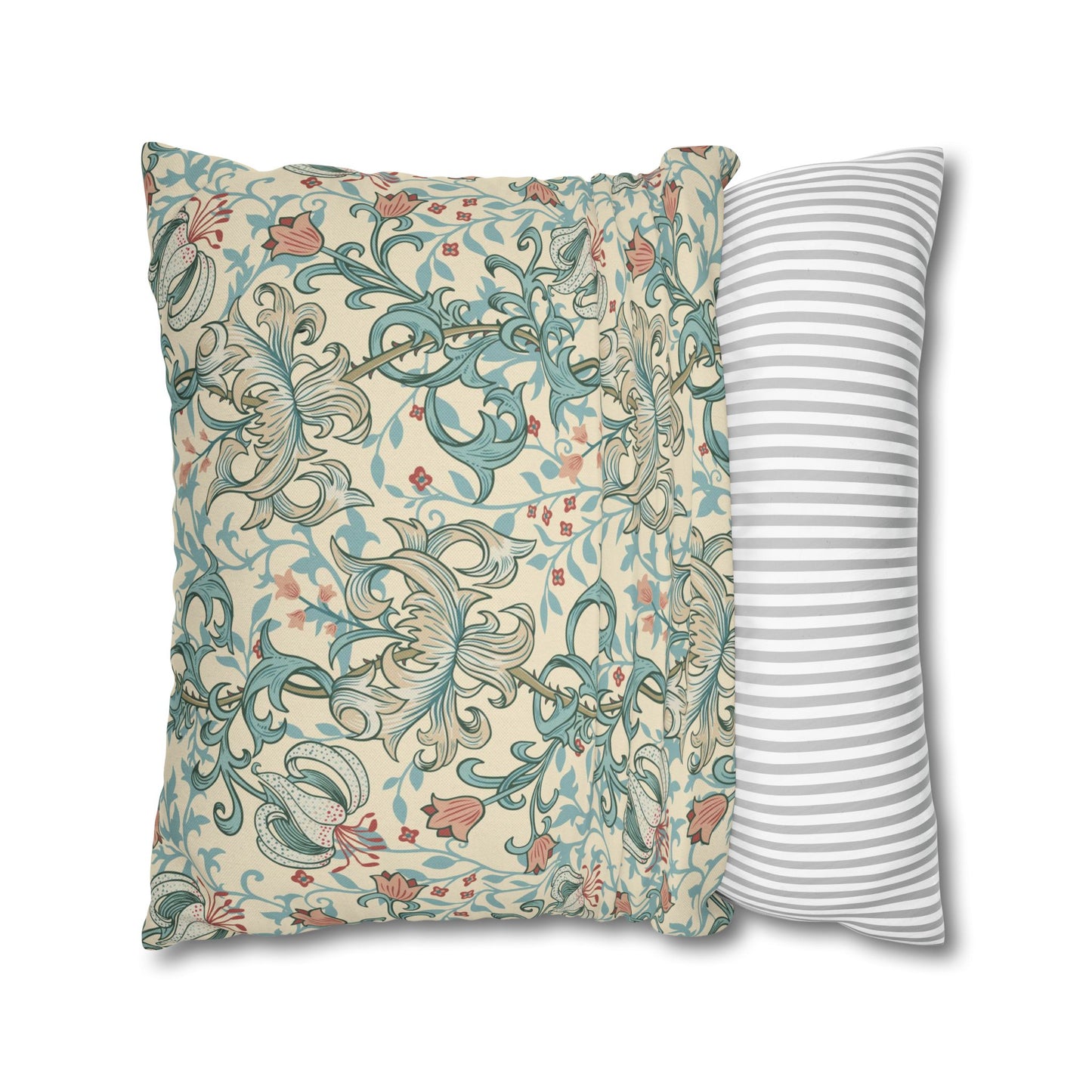 Two pillows, one with floral pattern and one with stripes, on a white background