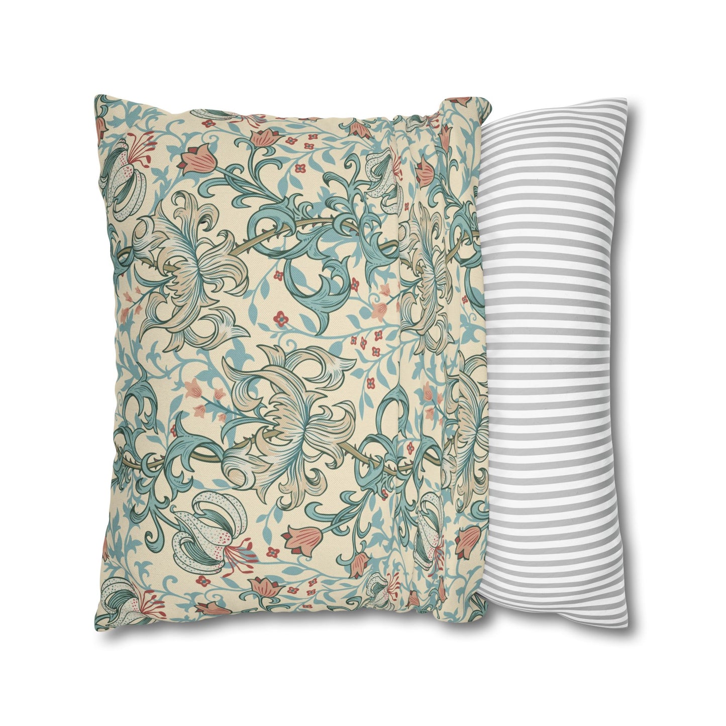 Two pillows, one with floral pattern and one with stripes, on a white background