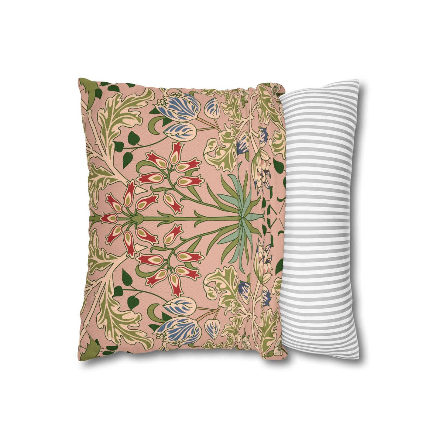 Floral-patterned pillow and a striped pillow on a white background