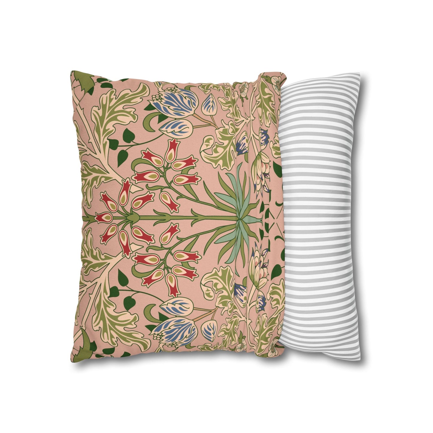 Floral-patterned pillow on the left and a striped pillow on the right against a white background