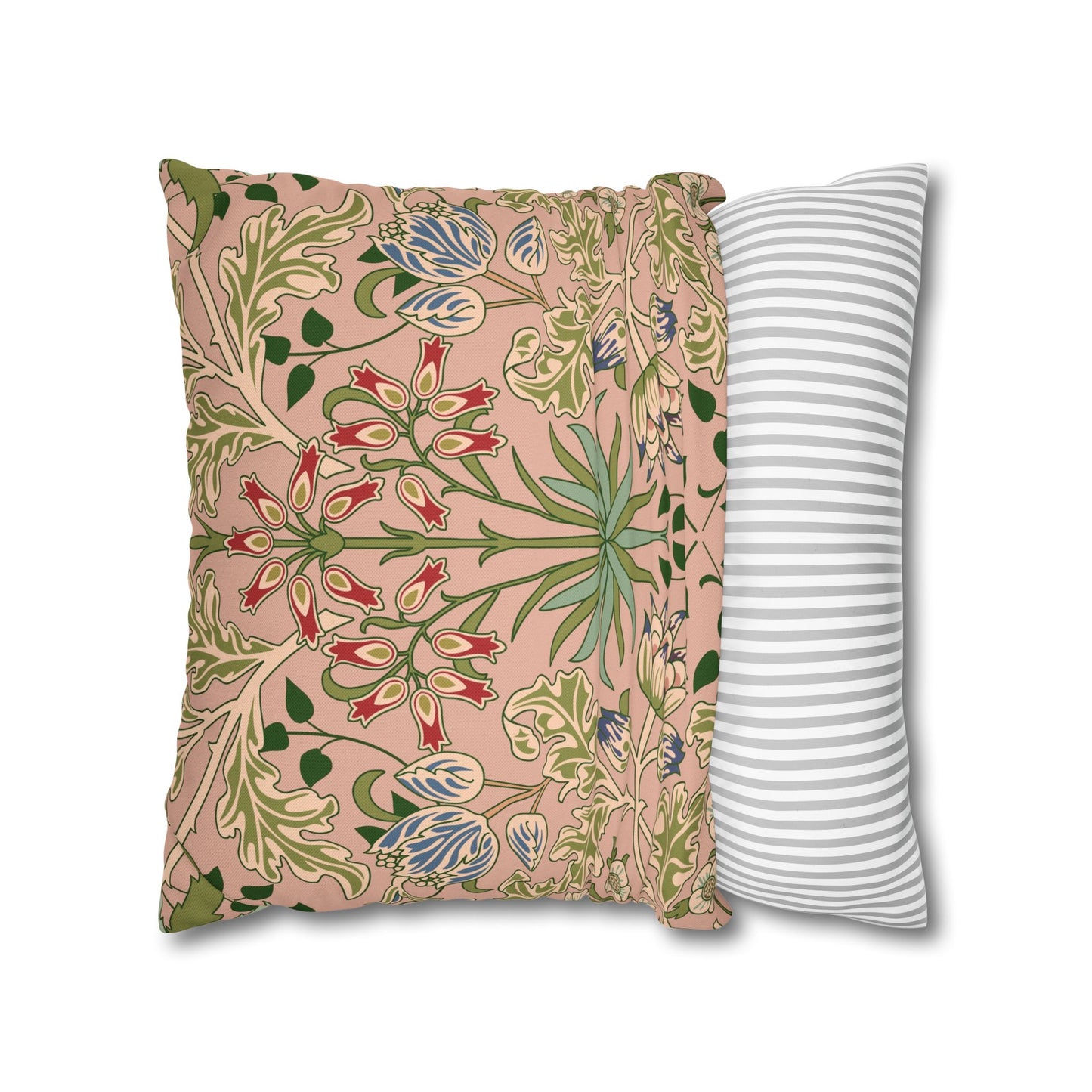 Two pillows, one with floral pattern and one with striped pattern, on a white background.