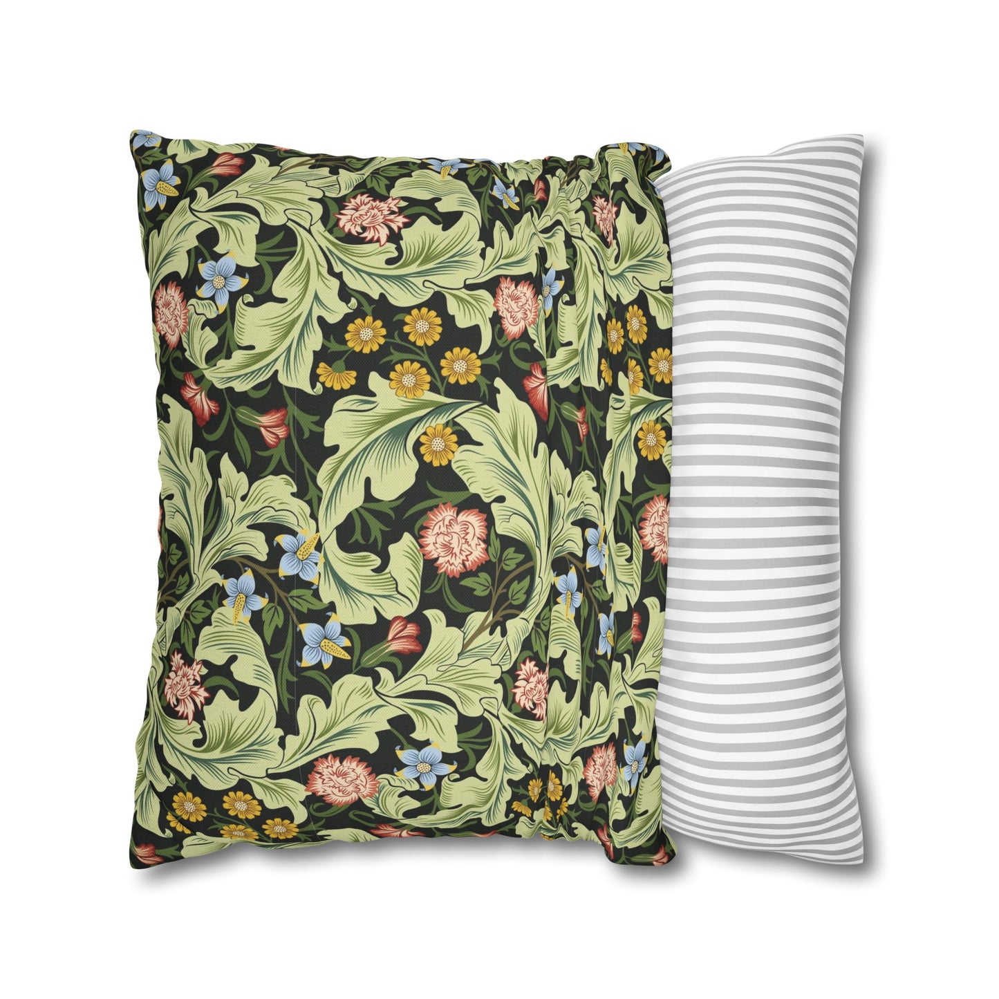 Floral-patterned pillow and a striped pillow on a white background - William Morris Leicester