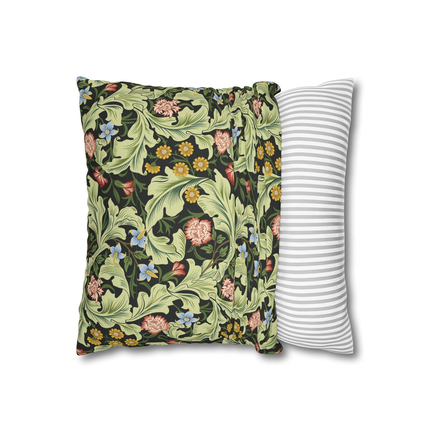 Floral-patterned pillow and a striped pillow on a white background - William Morris Leicester