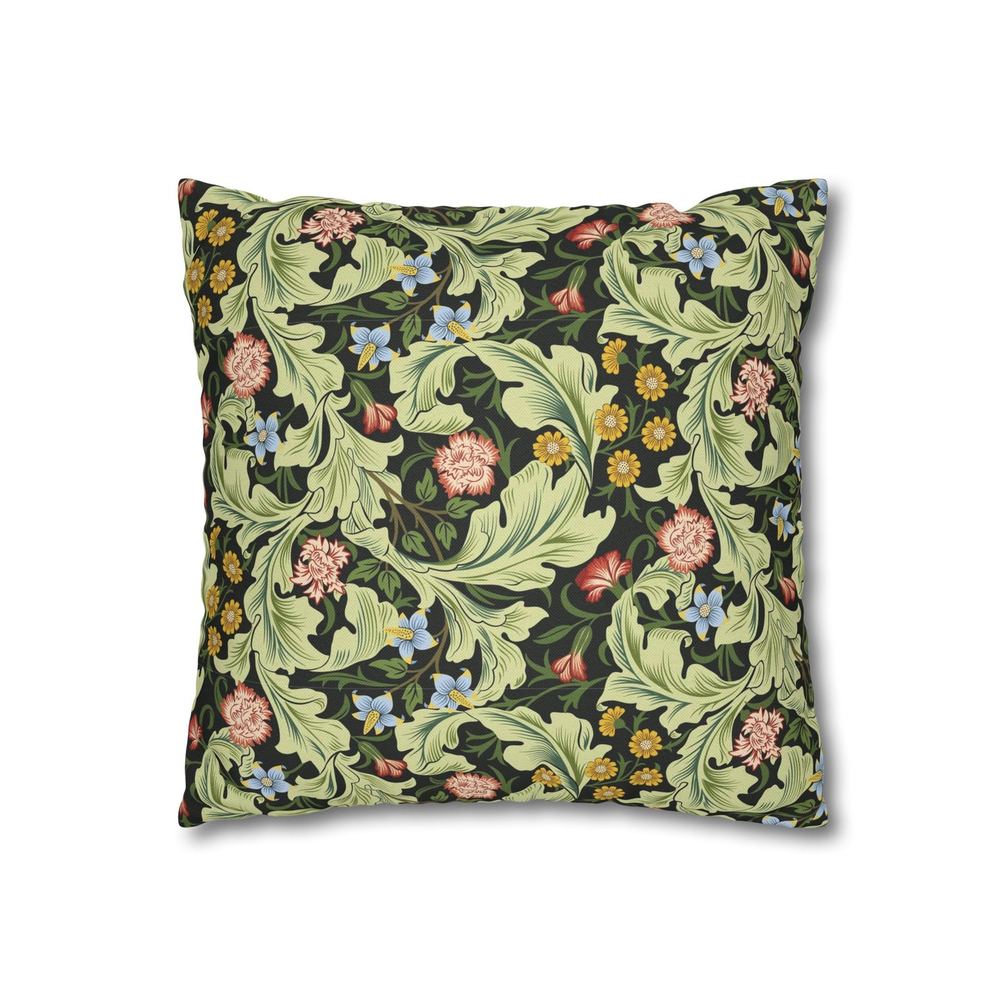Decorative pillow with floral and leaf pattern on a white background - William Morris Leicester