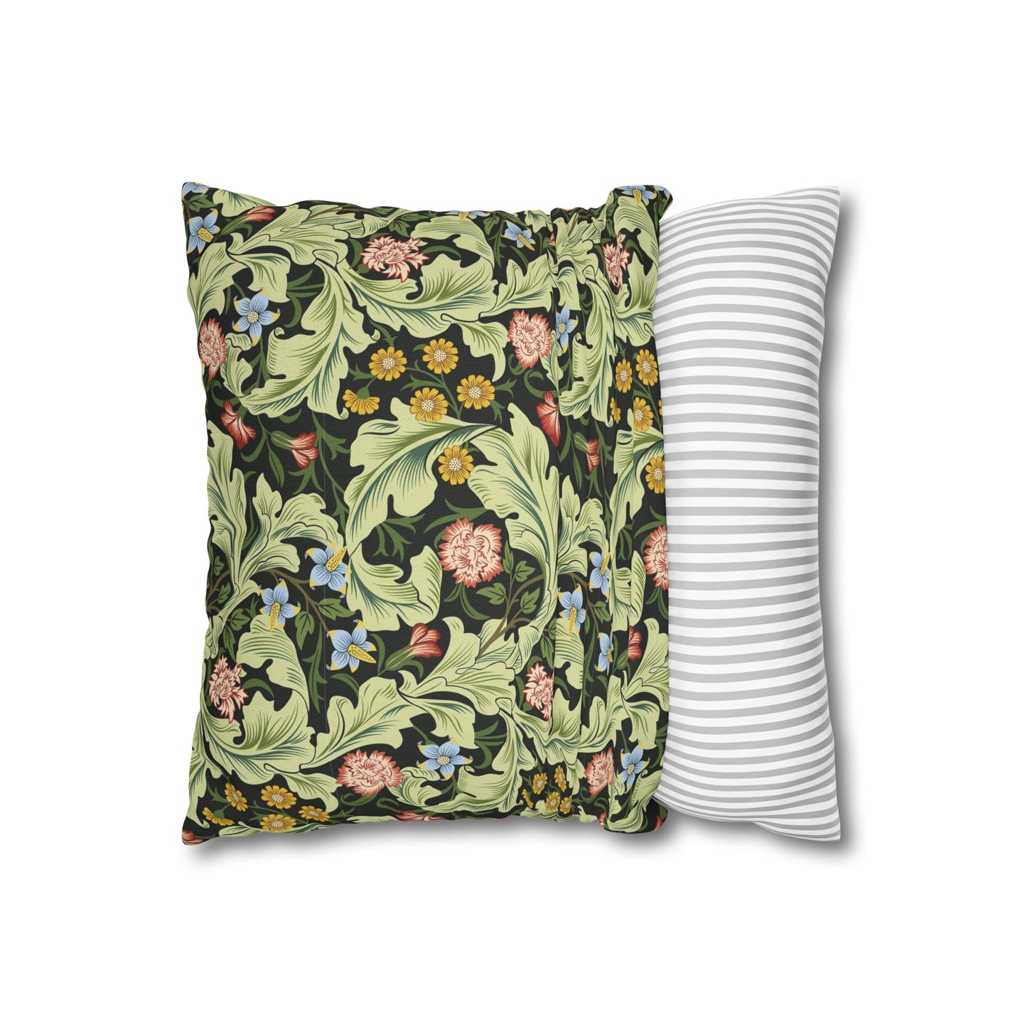 Floral-patterned pillow and a striped pillow on a white background - William Morris