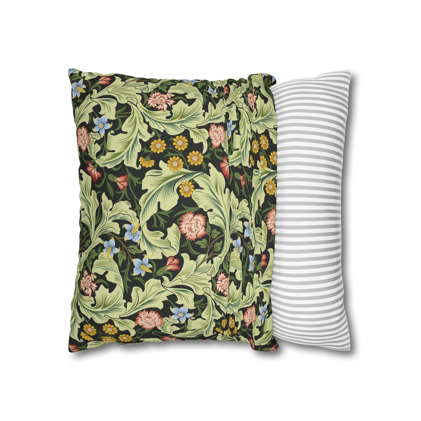 Floral-patterned pillow and a striped pillow on a white background - William Morris Leicester
