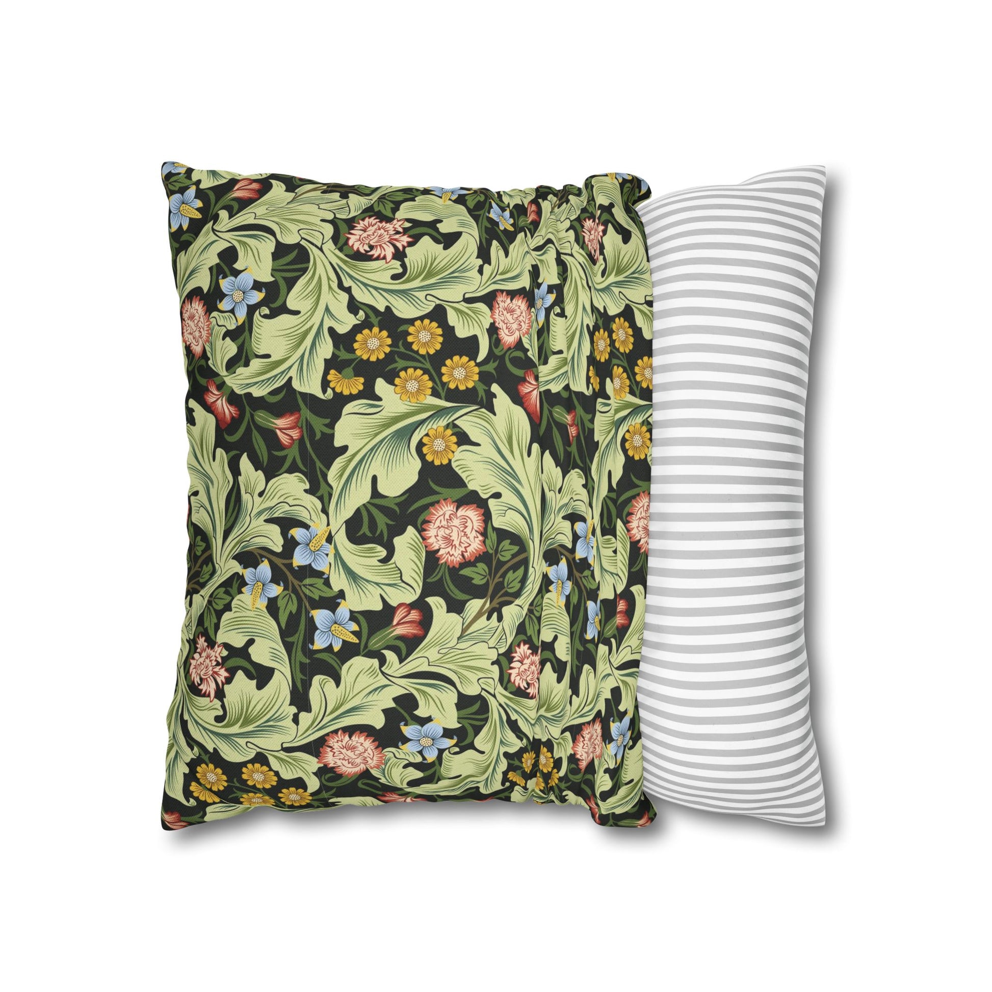 Floral-patterned pillow and a striped pillow on a white background - William Morris Leicester