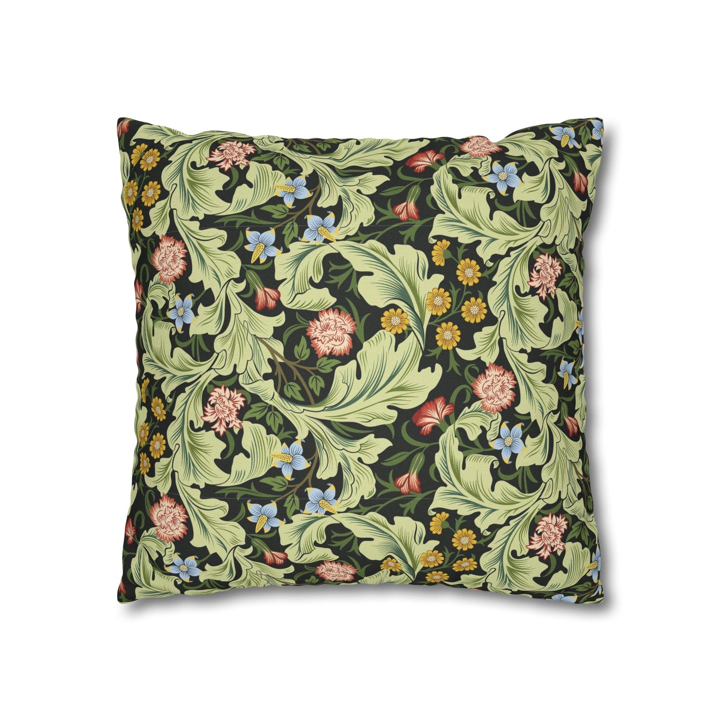 Decorative pillow with floral and leaf pattern on a white background - William Morris Leicester