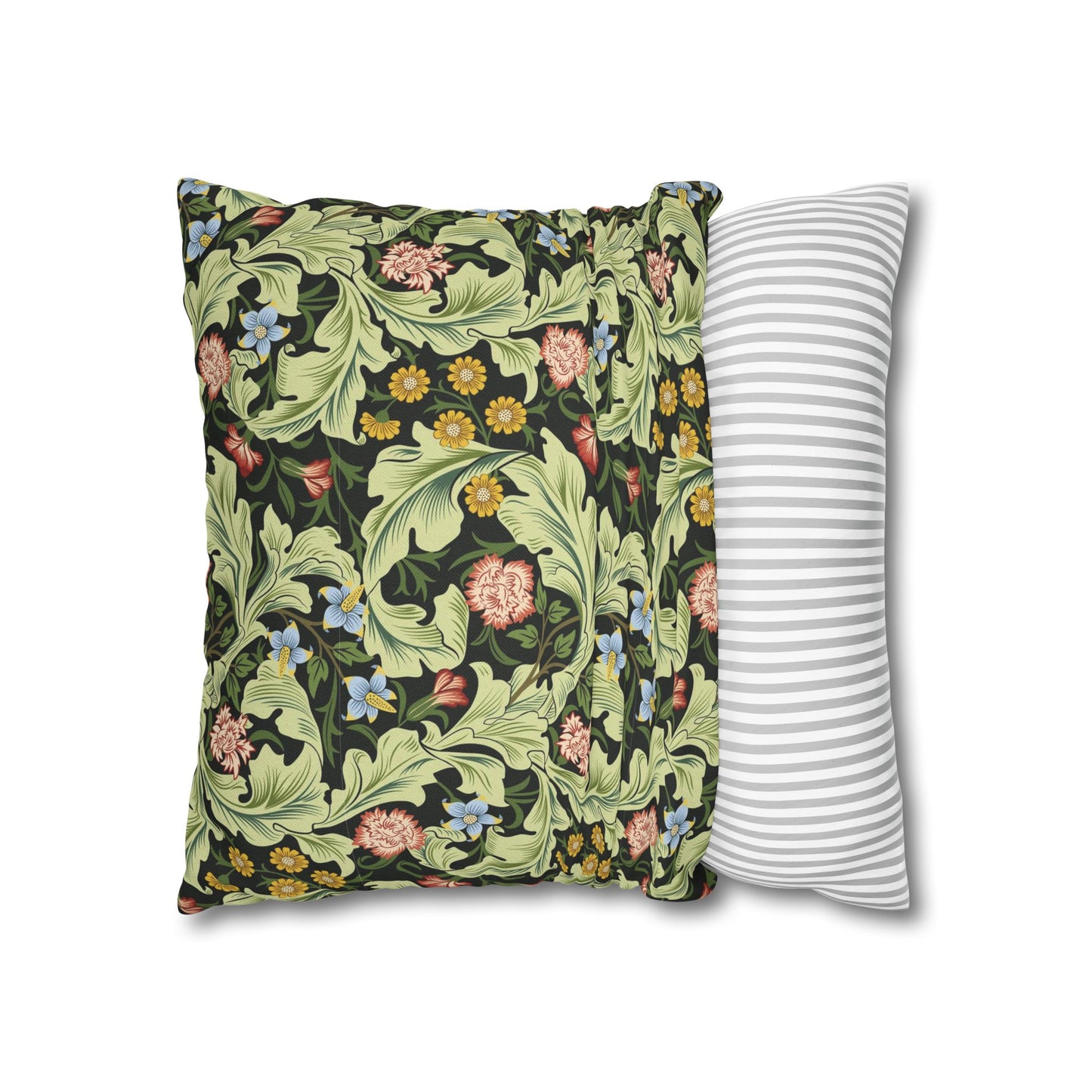 Floral-patterned pillow and a striped pillow on a white background - William Morris Leicester